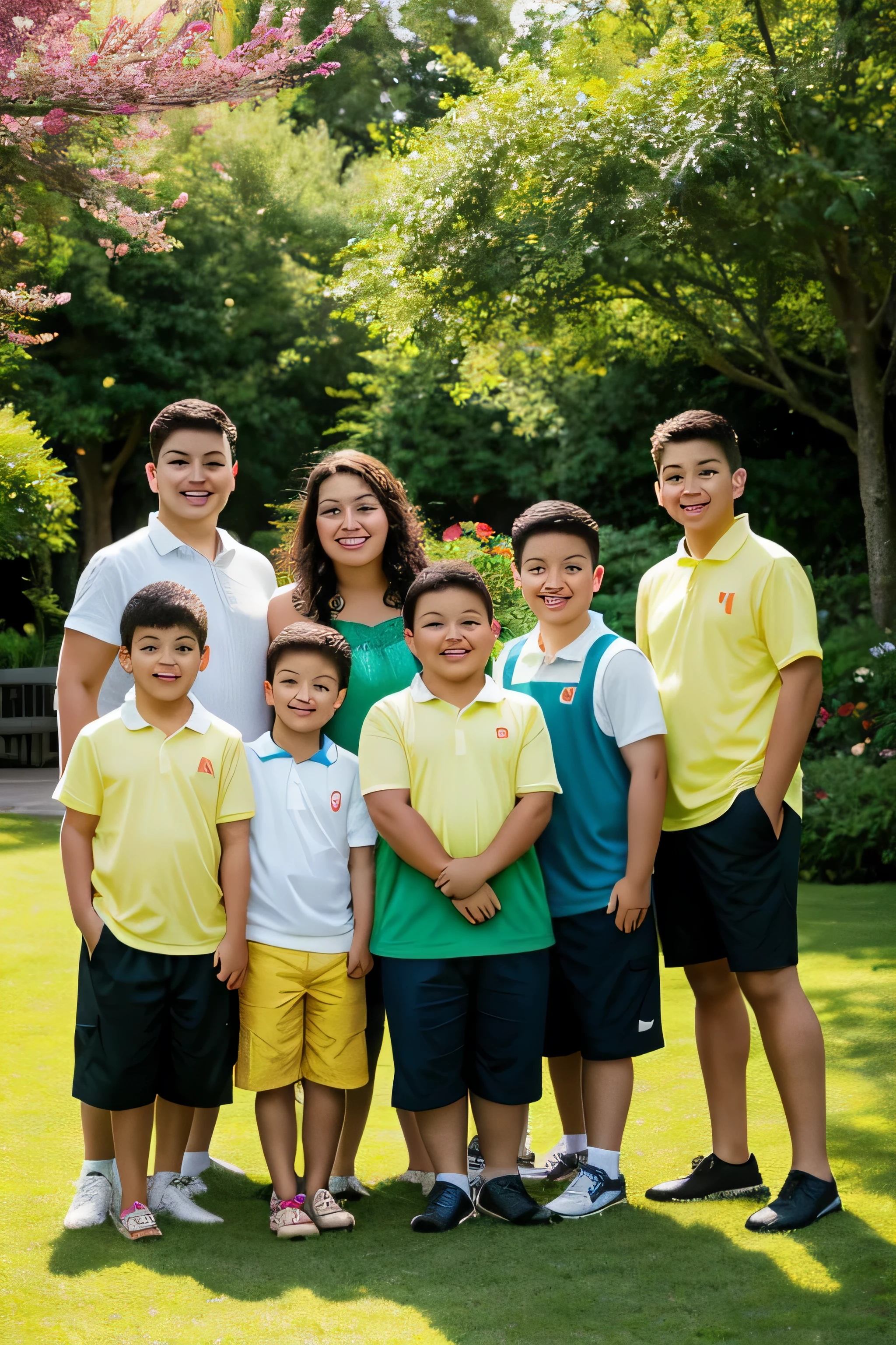 A chubby guy with a group of 5 boys and a girl, oil painting, ultra-detailed, best quality, 4k resolution, highres, masterpiece:1.2, realistic:1.37, vivid colors, sharp focus, portraits, joyful atmosphere, beautiful detailed eyes, cheerful expressions, lively and playful poses, diverse ethnicities, modern clothing styles, summer scene, lush green garden, vibrant flowers in bloom, soft sunlight, warm color palette.