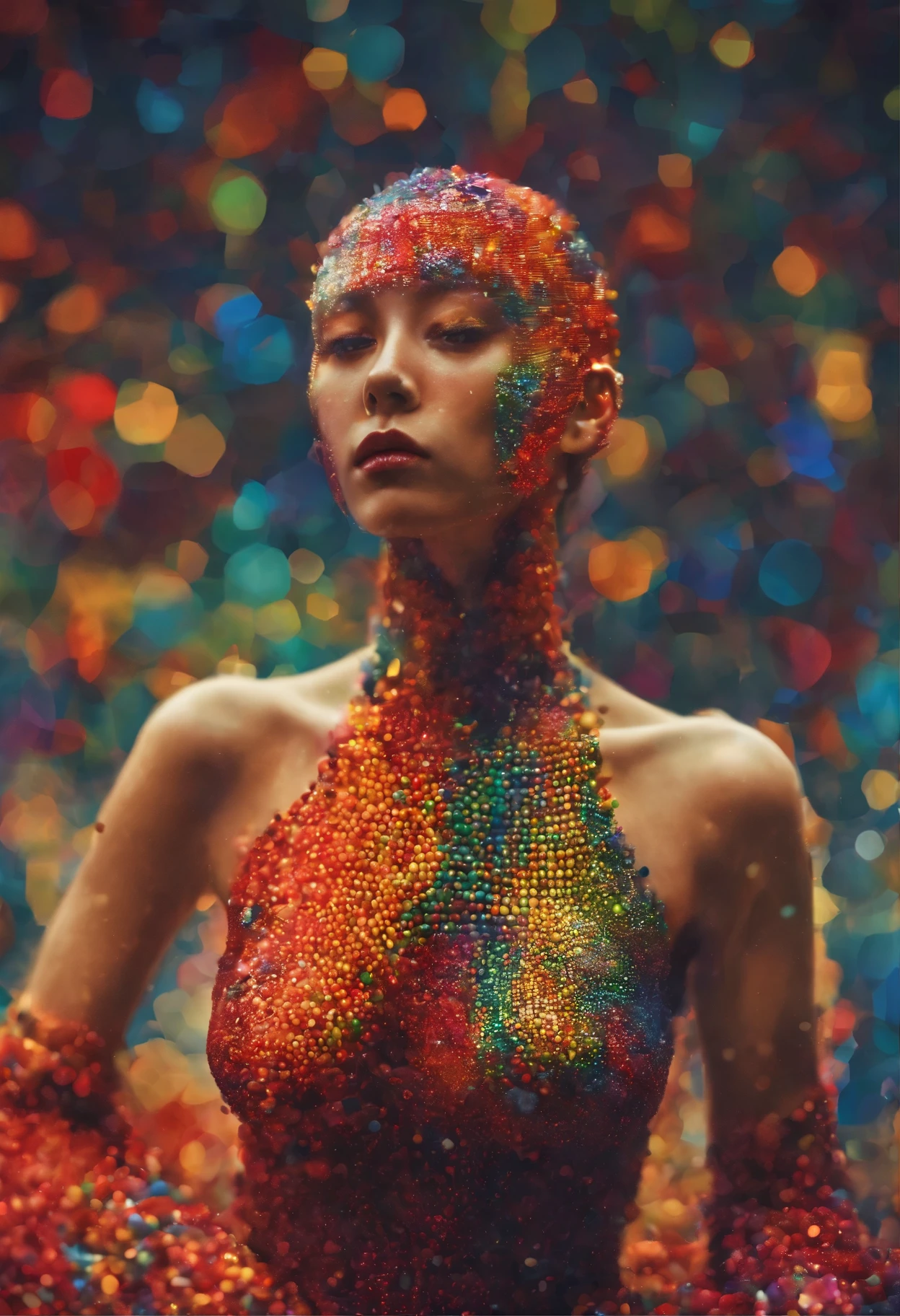 Absurd, High resolution, Ultra-detailed, (Devilish Woman:1. 4), Dot Painting Technique, Dotted shadow, Intricate details, Small dots, Texture Effects, subtle gradients, Fascinating craftsmanship, infrared photography, Otherworldly tones, surreal landscape, Invisible light, ethereal glow, Vivid colors, Phantom effect