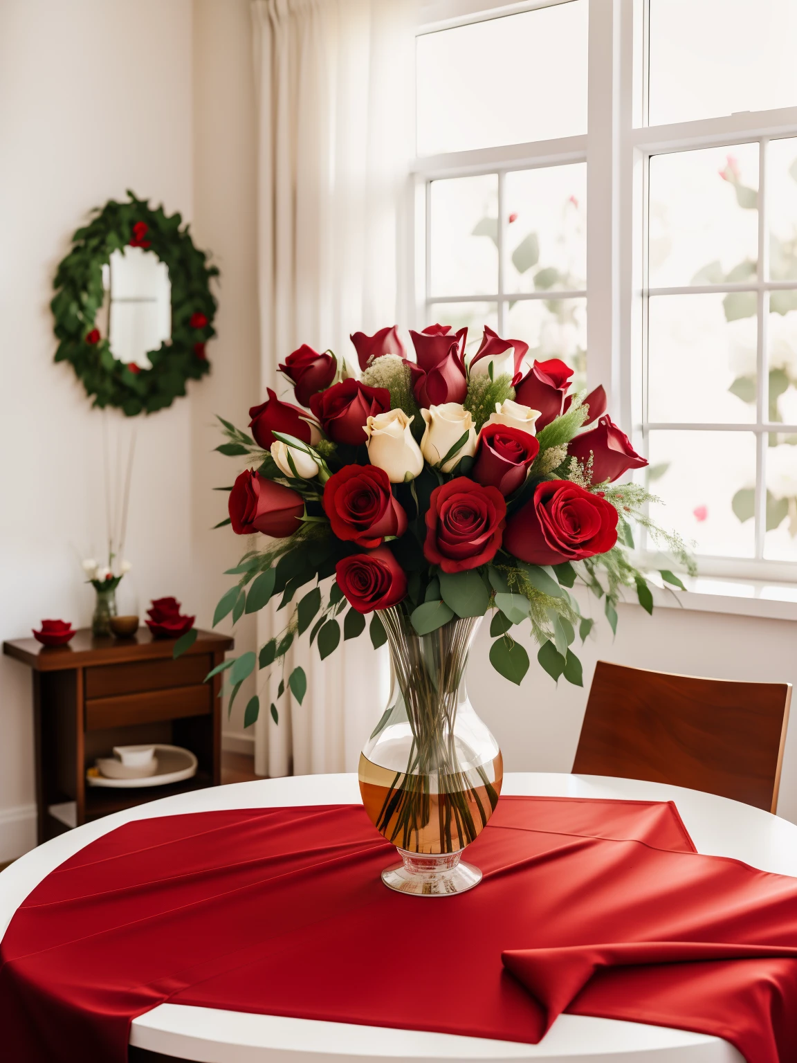 there is a vase of flowers on a table with a red tablecloth, dslr photo of a vase on a table, placed in a living room, still life photo studio, taken with sony a7r camera, bed of flowers on floor, on a white table, still life photo of a backdrop, accents of red, white roses and red roses, on wooden table
