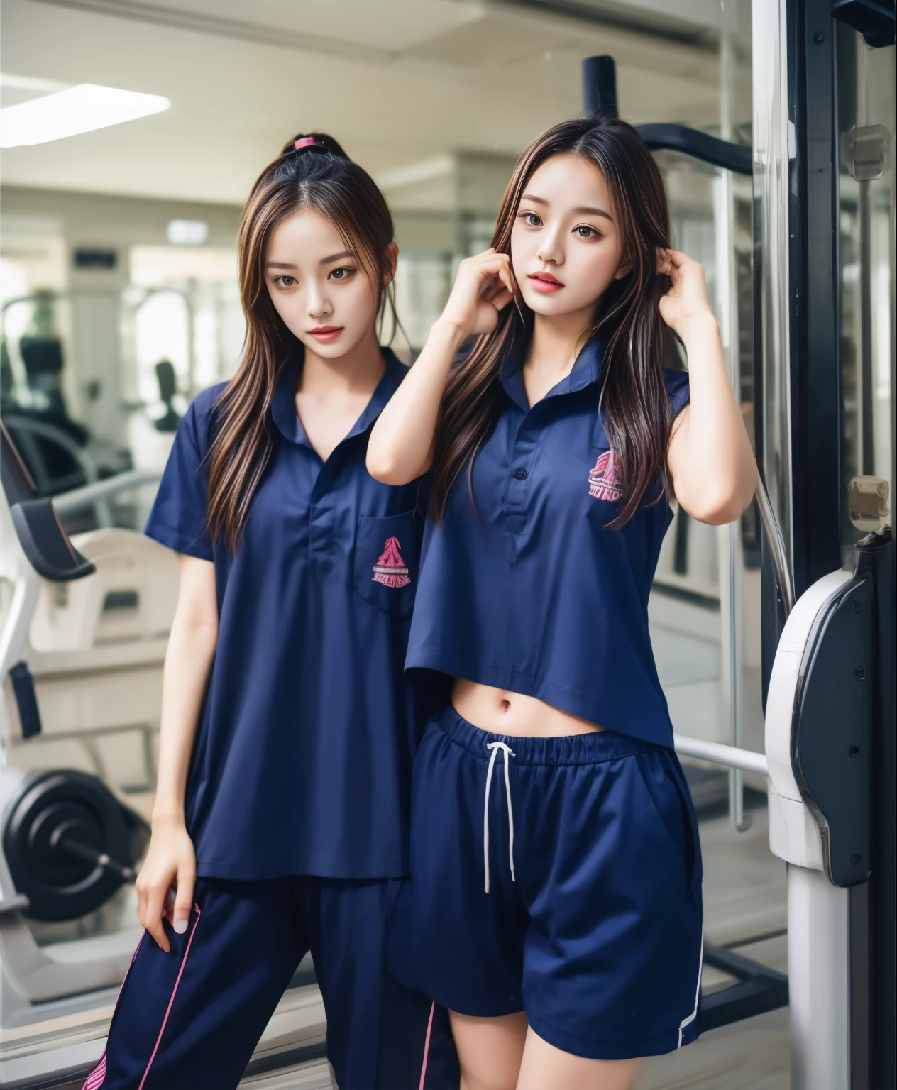 3 girls in fitness center, Navy blue short-sleeved shirt,Navy Long Trackpant,Sweatpants, Sweatpantsขายาว,25 year old girl, lesbian, sexy, exercise clothes, wet body, exercise clothes