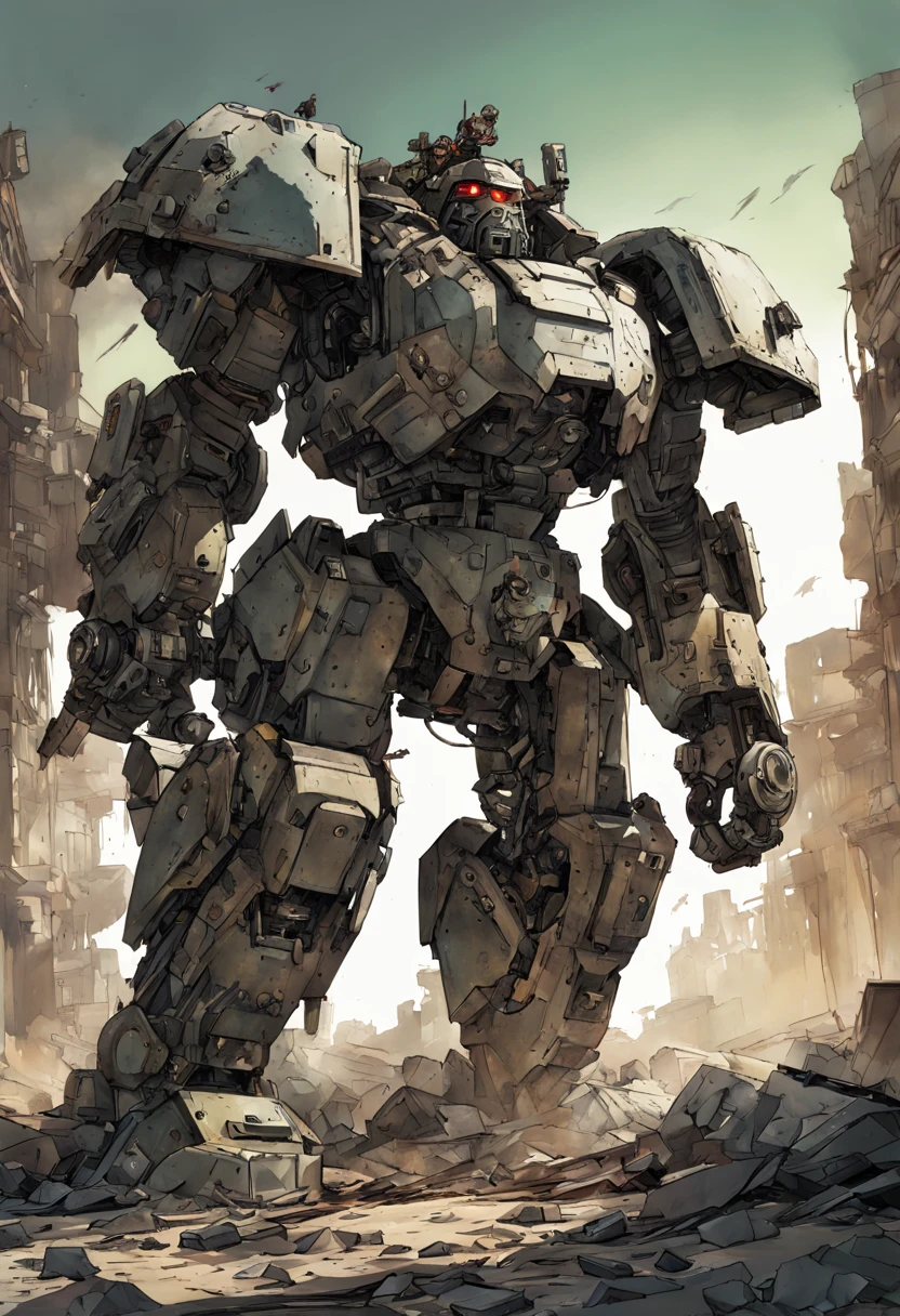 Mecha Warrior, massive hulking partly human cyborg beast heavily armed and armored charging through postapocalyptic wasteland Hyper-detailed masterpiece by Joe Fenton Tracy J. Butler Brian Kesinger WLOP Wadim Kashin Ismail Inceoglu Jordan Grimmer splash art watercolor dark and gritty