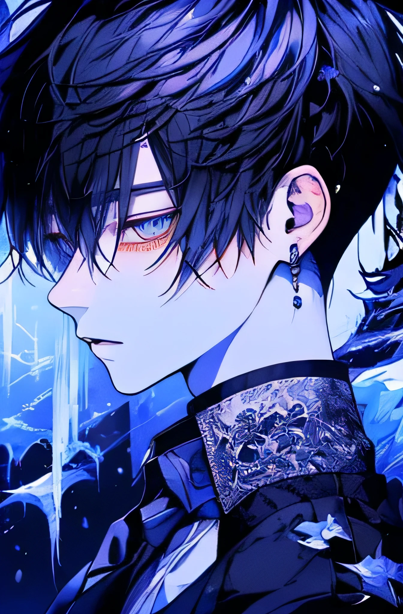 there is a man in white vest and tie standing in front of window with snowy night scenery. inspired by Hisui Sugiura, with very highly detailed face, it has a piercing gaze, handsome stunning realistic, anime handsome man, ultra realistic picture, inspired by Itō Ogura Yonesuke, character close up, sui ishida with black hair, half body picture with hand pose, great lightning, Zayne from Love and Deepspace