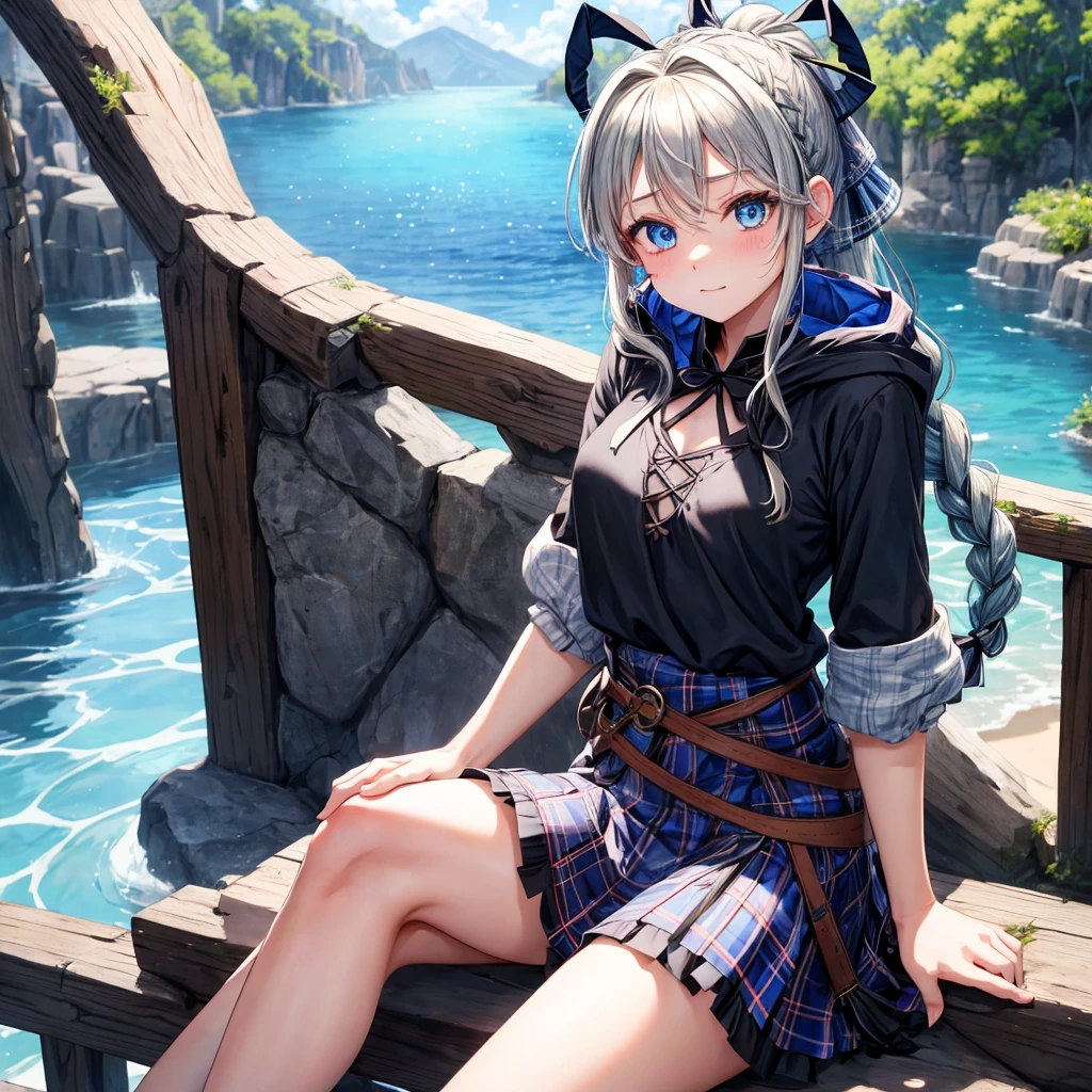 patina hair、blue eyes、Braid、ponytail、one good looking girl、solo、anime、Plaid miniskirt、camisole、black t-shirt、Tilting your face、Doing the ribbon、Ribbon at waist、cloak、the ground is cracked、Crystal Grotto、wearing a hood、look back、Baibai、sitting