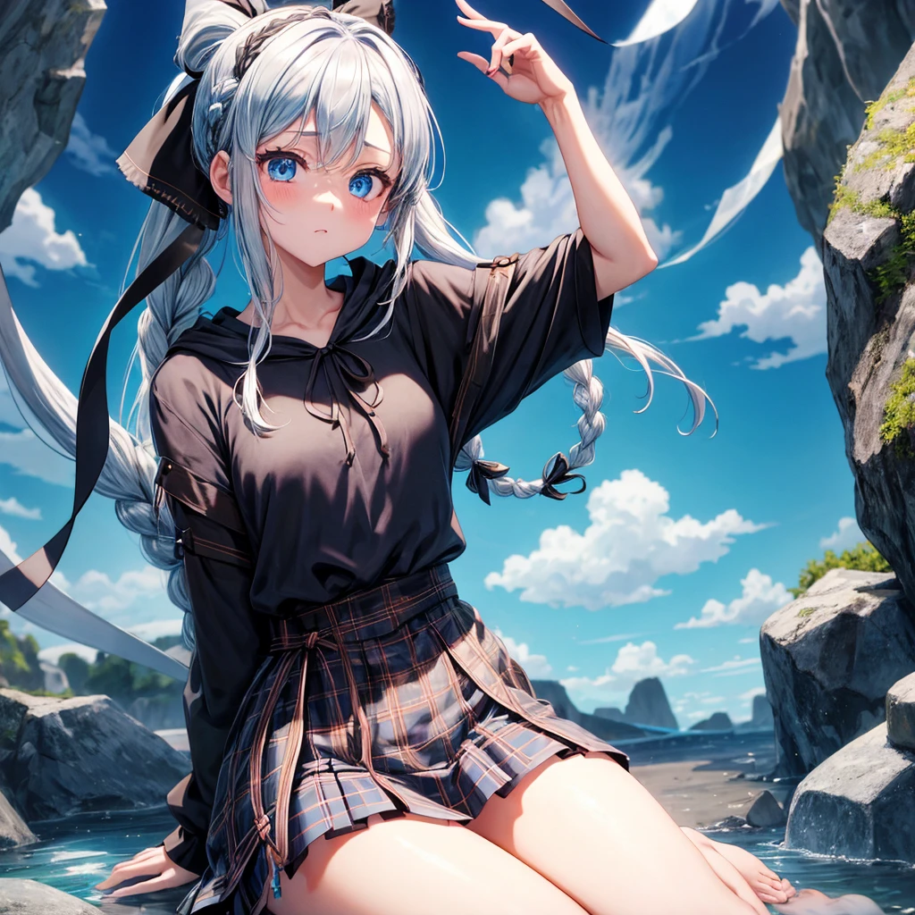 patina hair、blue eyes、Braid、ponytail、one good looking girl、solo、anime、Plaid miniskirt、camisole、black t-shirt、Tilting your face、Doing the ribbon、Ribbon at waist、cloak、the ground is cracked、Crystal Grotto、wearing a hood、look back、Baibai、sitting