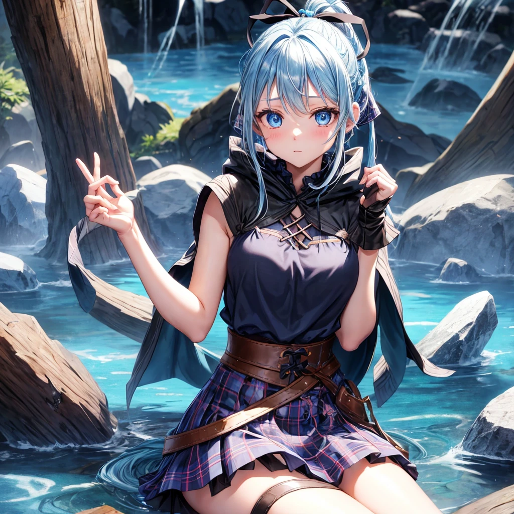 patina hair、blue eyes、Braid、ponytail、one good looking girl、solo、anime、Plaid miniskirt、camisole、black t-shirt、Tilting your face、Doing the ribbon、Ribbon at waist、cloak、the ground is cracked、Crystal Grotto、wearing a hood、look back、Baibai、sitting