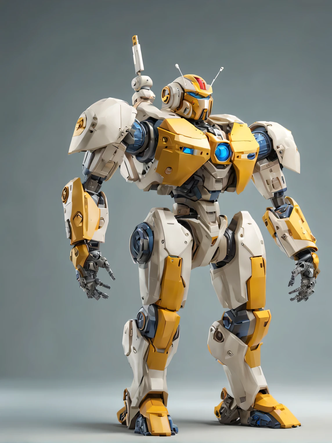 Mech Warrior in full pose, Mecha Warrior Prototype, Smooth, streamlined shapes, 3D, octane number, whole body, full pose, white palette:1.5 yellow: 1.1 blue:1.1 red:1.2, neutral light background white-beige gradient, high detail, a high resolution, high contrast, photorealistic