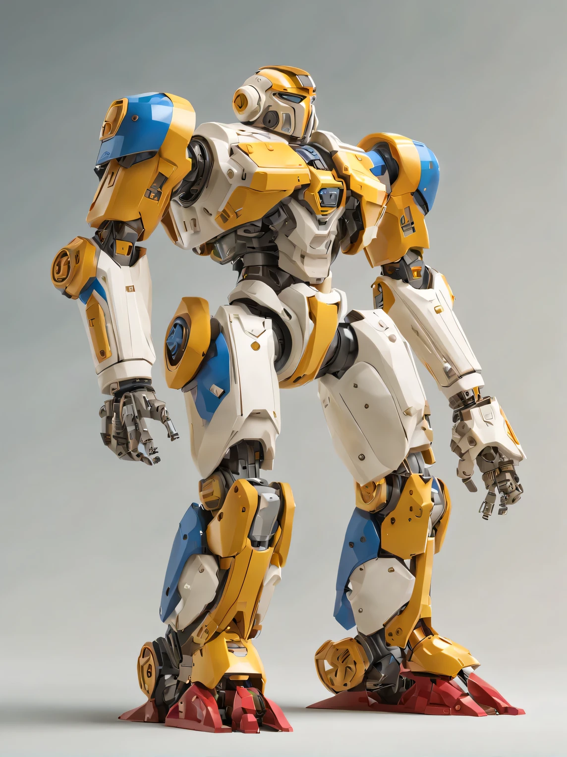 Mech Warrior in full pose, Mecha Warrior Prototype, Smooth, streamlined shapes, 3D, octane number, whole body, full pose, white palette:1.5 yellow: 1.1 blue:1.1 red:1.2, neutral light background white-beige gradient, high detail, a high resolution, high contrast, photorealistic