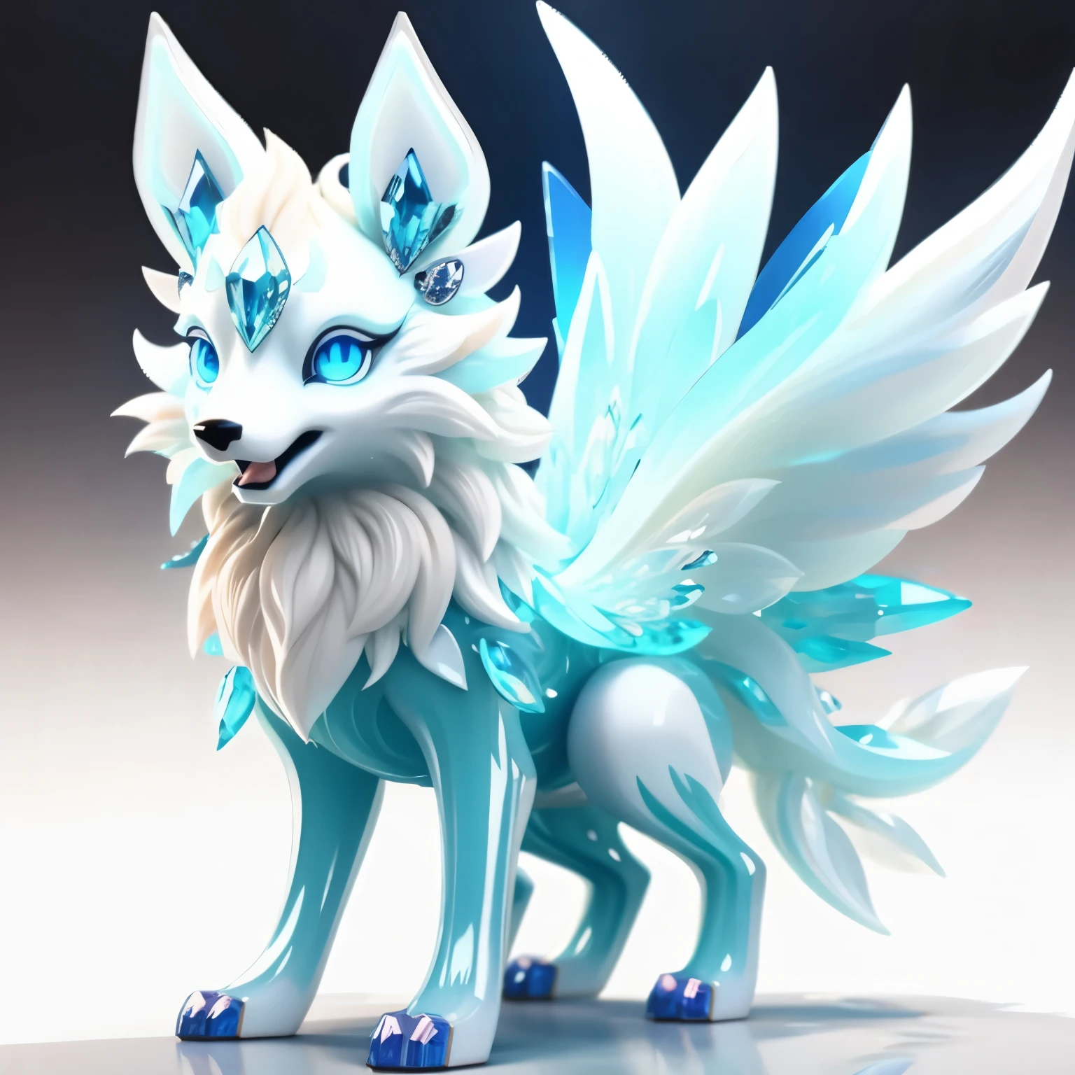 crystal狼,alone,whole body,3D,blue eyes,(masterpiece, best quality:1.2), crystal,no humans,wing,open mouth