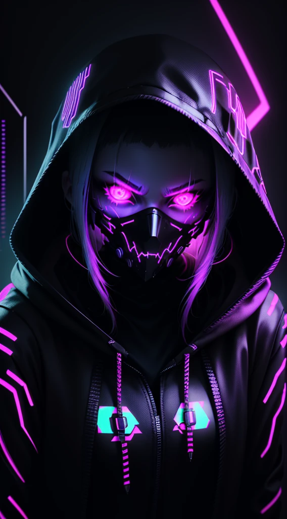 girl in a hoodie with a neon mask, Phantom Neon, Neon & Dark, profile picture 1024px, background image, Dark art style, neon cyberpunk, evil smile and glowing eyes, synthwave art, Neon Black, Cyberpunk art style, Scary style, bright glow of cyberpunk, Neon Digital Art, 4K wallpaper, 4K wallpaper, (erotica: 0.7)