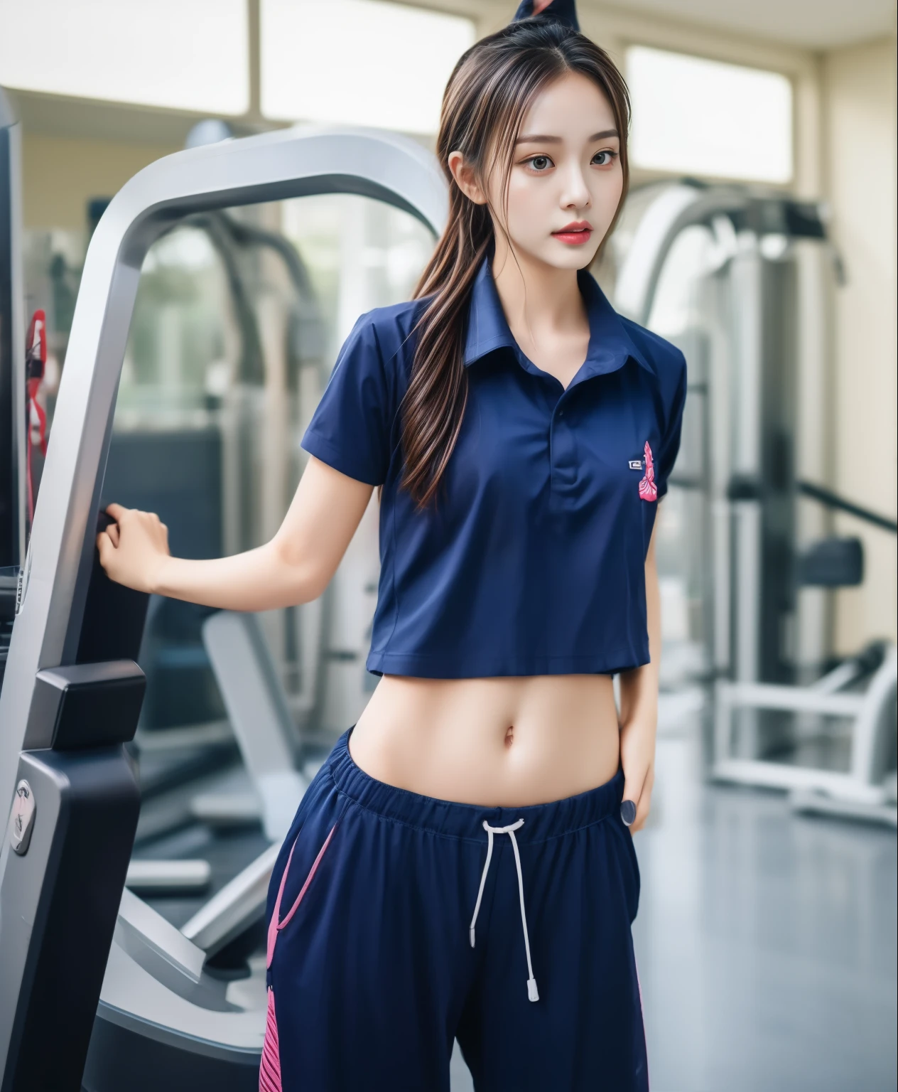 3 girls in fitness center, Navy blue short-sleeved shirt,Navy Long Trackpant,Sweatpants, Sweatpantsขายาว,25 year old girl, lesbian, sexy, exercise clothes, wet body, exercise clothes