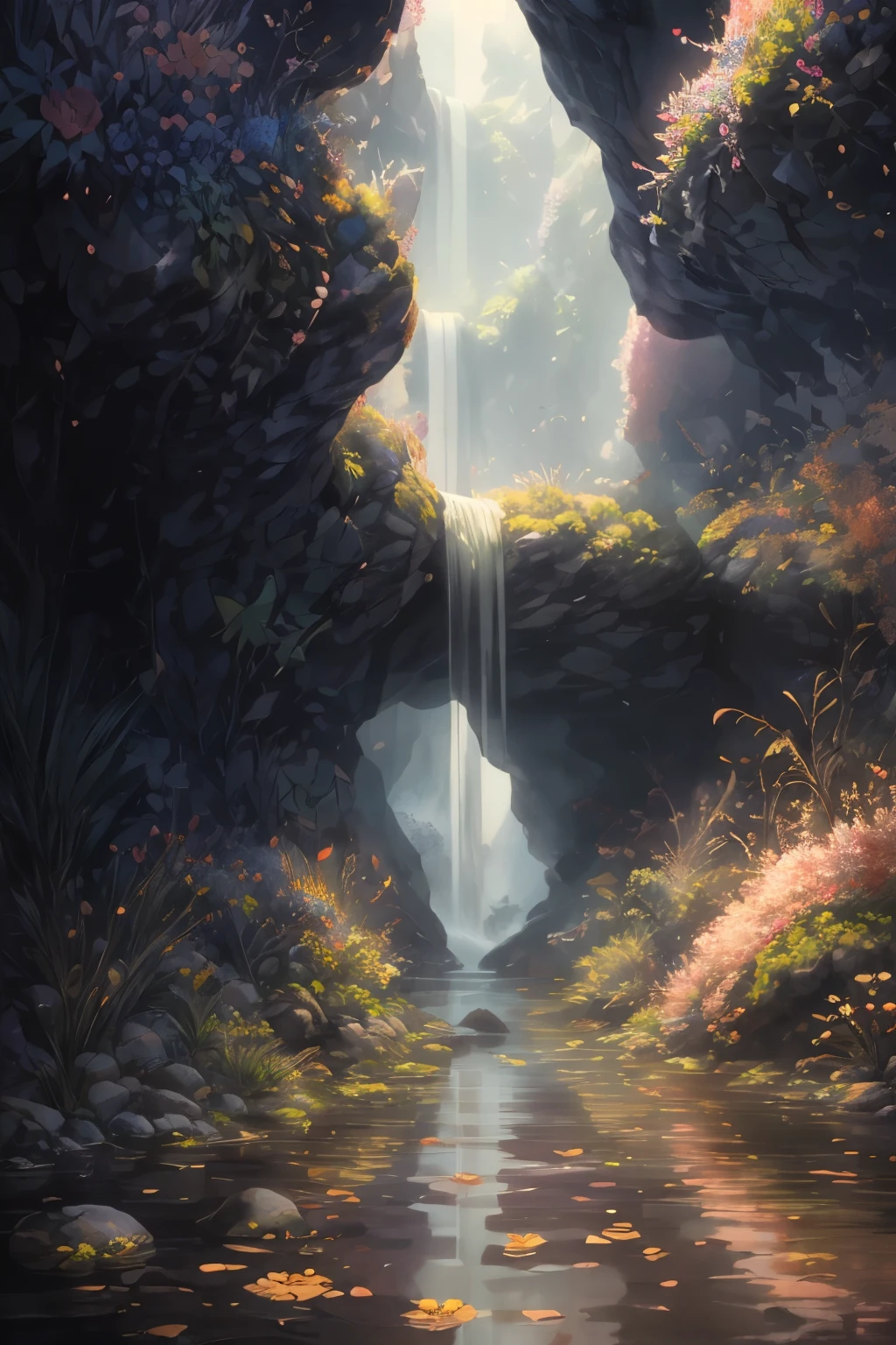 lotus,cave cave, waterfall man, Tree, creek, bamboo, deer, hot springs, steam, firefly,mystery,creek流过长满青苔的岩石,Create a peaceful atmosphere,精致的Tree枝上点缀着生机勃勃的花朵和叶子,Add a touch of color to your scene。firefly在空中翩翩起舞,Soft light illuminates the surroundings。The air is filled with soft melodies,Butterflies dance among the flowers。in the complex、This mesmerizing moment is captured in high-quality illustrations, epic work, Realistic lighting, HD details, masterpiece, best quality, (Very detailed CG unified 8k wallpaper)