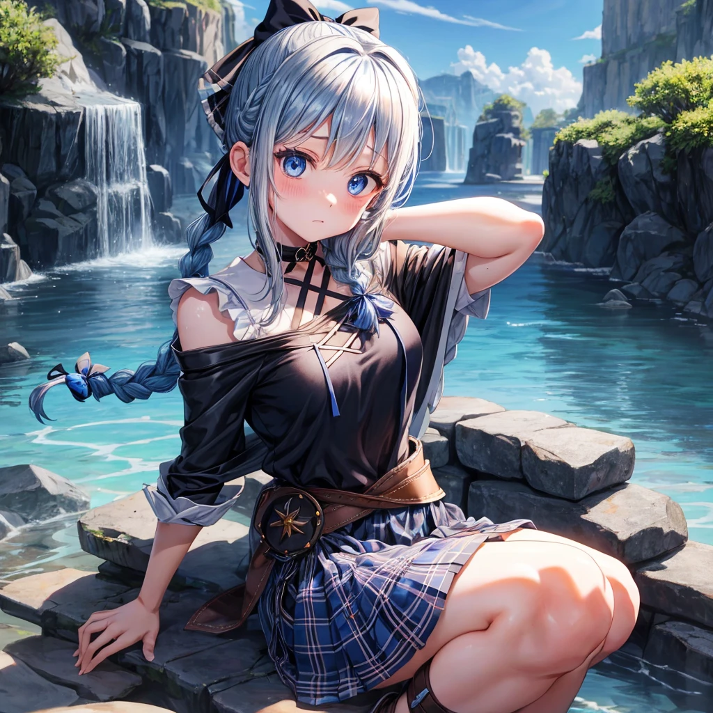 patina hair、blue eyes、Braid、ponytail、one good looking girl、solo、anime、Plaid miniskirt、camisole、black t-shirt、Tilting your face、Doing the ribbon、Ribbon at waist、cloak、the ground is cracked、Crystal Grotto、wearing a hood、look back、Baibai、sitting
