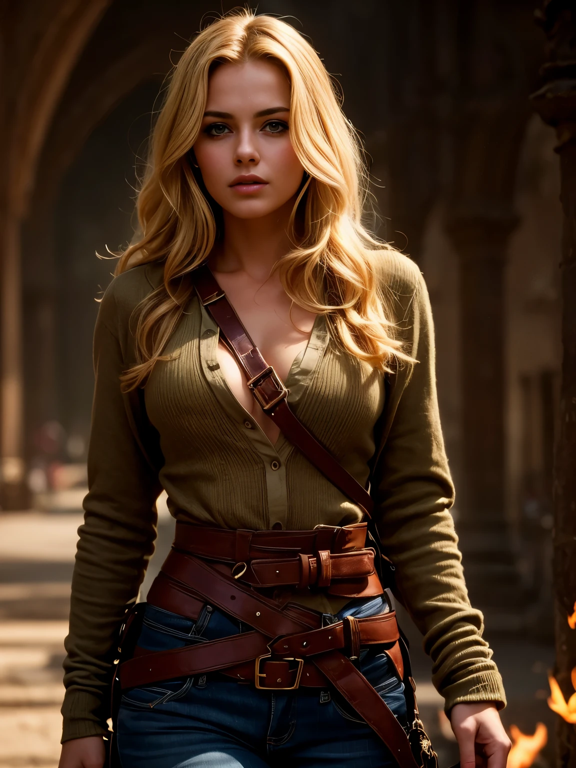 UHD, Masterpiece, 1 gorgeous ultra hot woman. Age 23. She looks like a female Indiana jones. Wearing Indiana jones like clothes. dramatic cinematic lighting, archive picture.in winter, snowy temple ruins. ((No hat))
