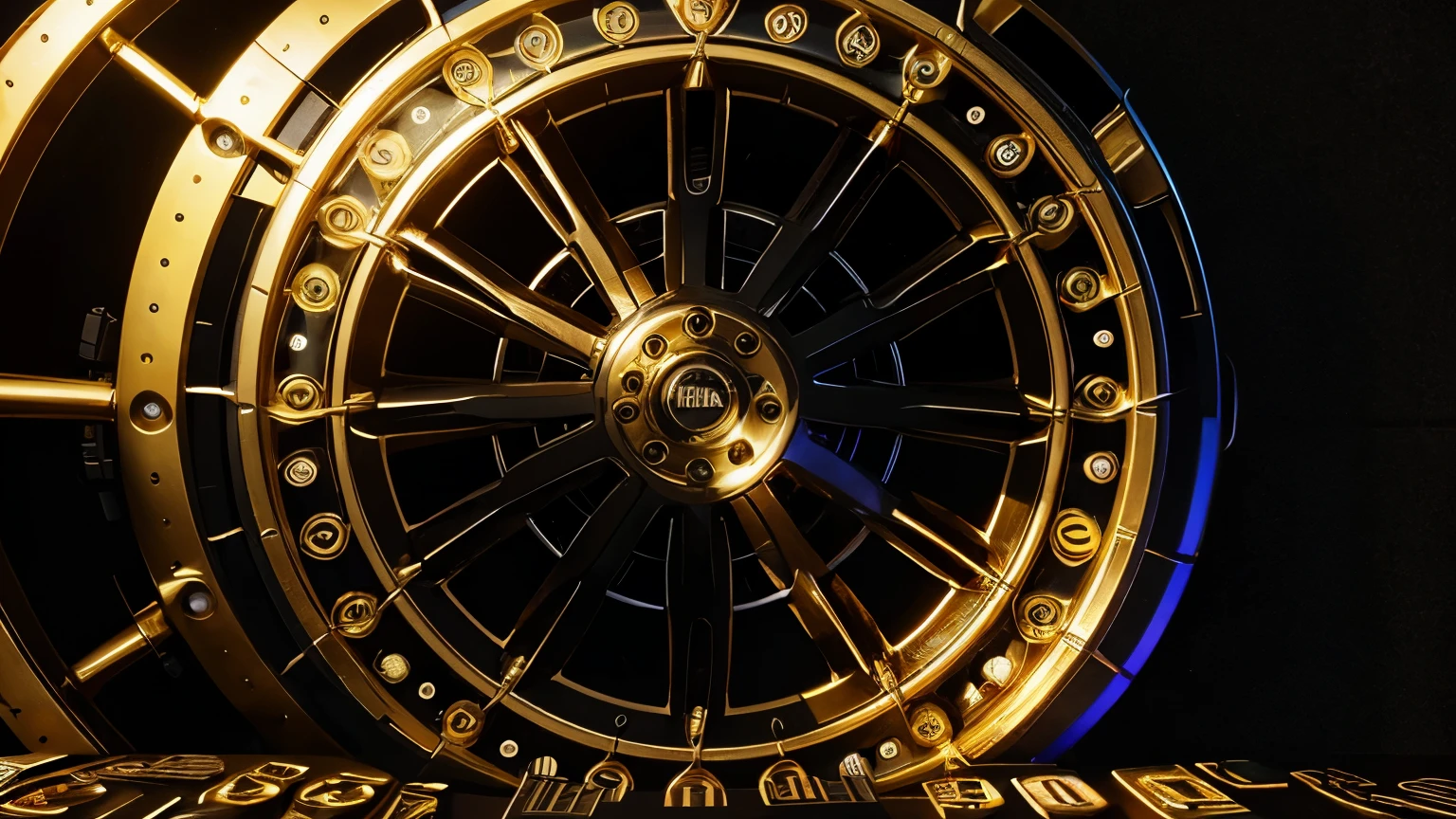 a close up of a wheel of fortune with a lot of numbers, wheel, mega, full color, a full-color airbrushed, perpetual motion machine, medium closeup, high resolution!!, full color still, gold & black, fantasy feel