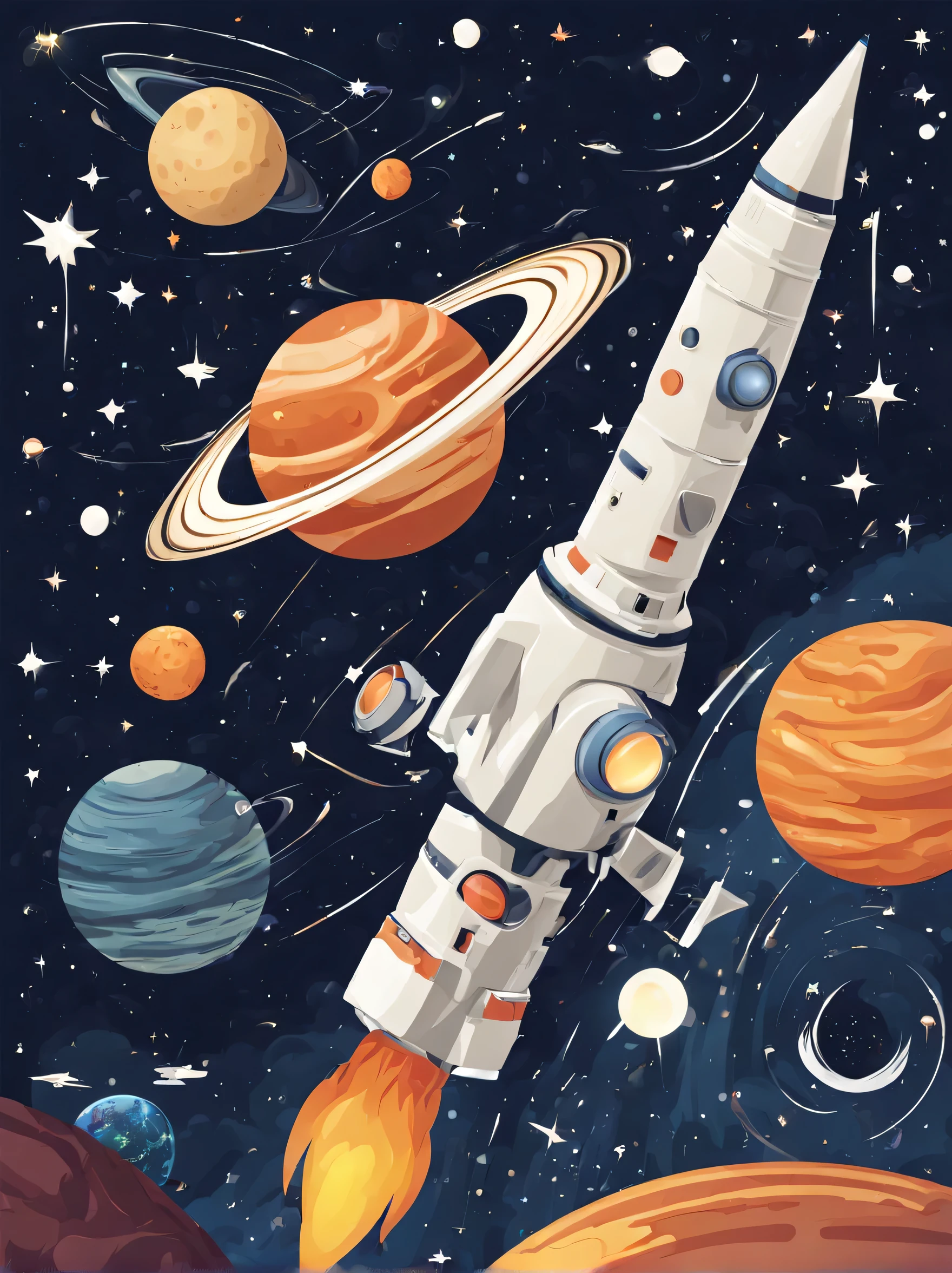 Illustration of a man in a space suit standing in front of a rocket, Laurie Greasley and James Jean, Earth,planet,spaceship,satellite,james jean and i lost my life, Laurie Greasley style, i lost my life and tristan eaton, i lost my life style, i lost my life! pastel colors, Inspired by Victor Wei, ( ( i lost my life ) )