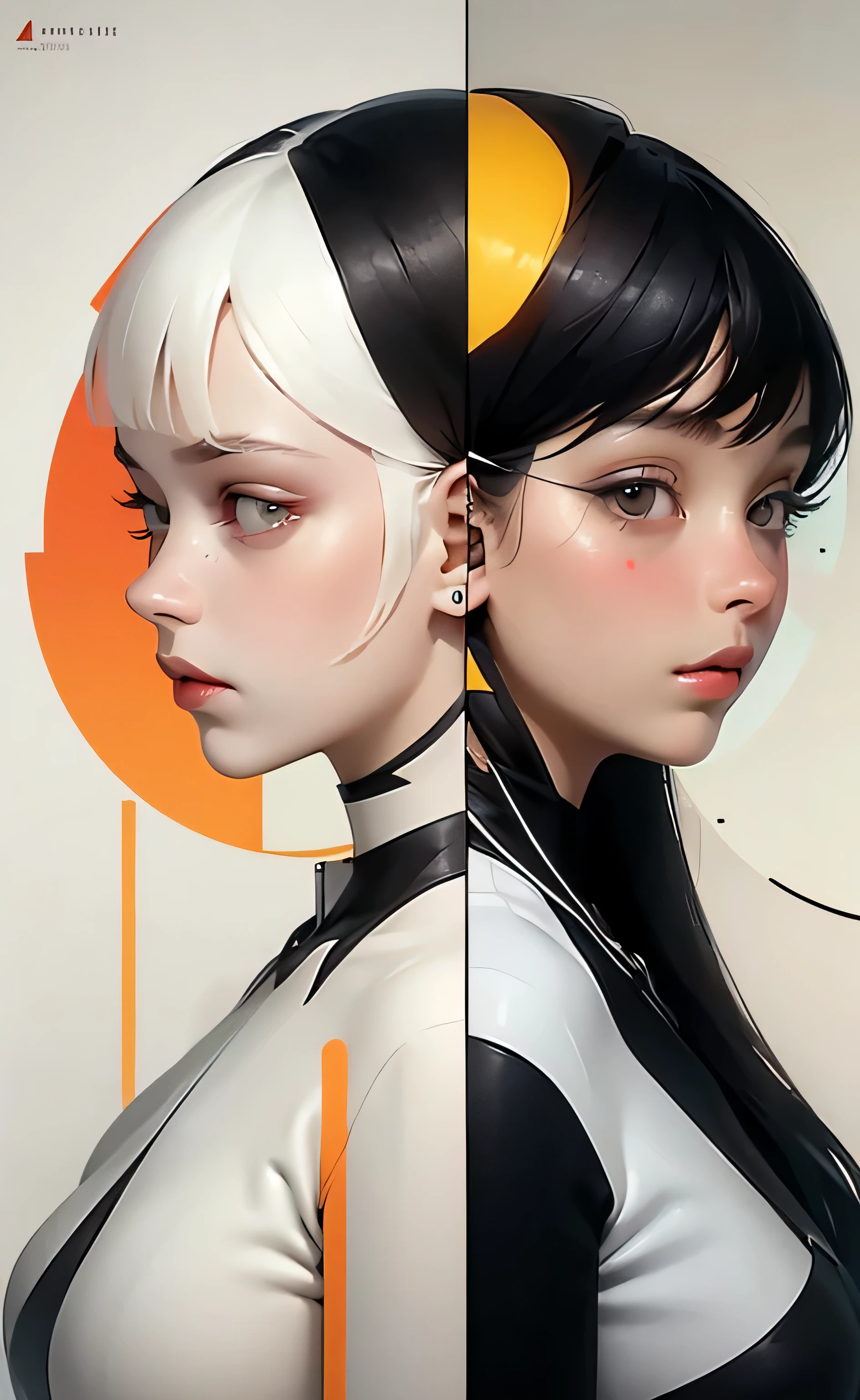 masterpiece, best quality, illustration, two girls in parallel universe, two girls separate in two different worlds, Bauhaus, shapes, lines, abstract
