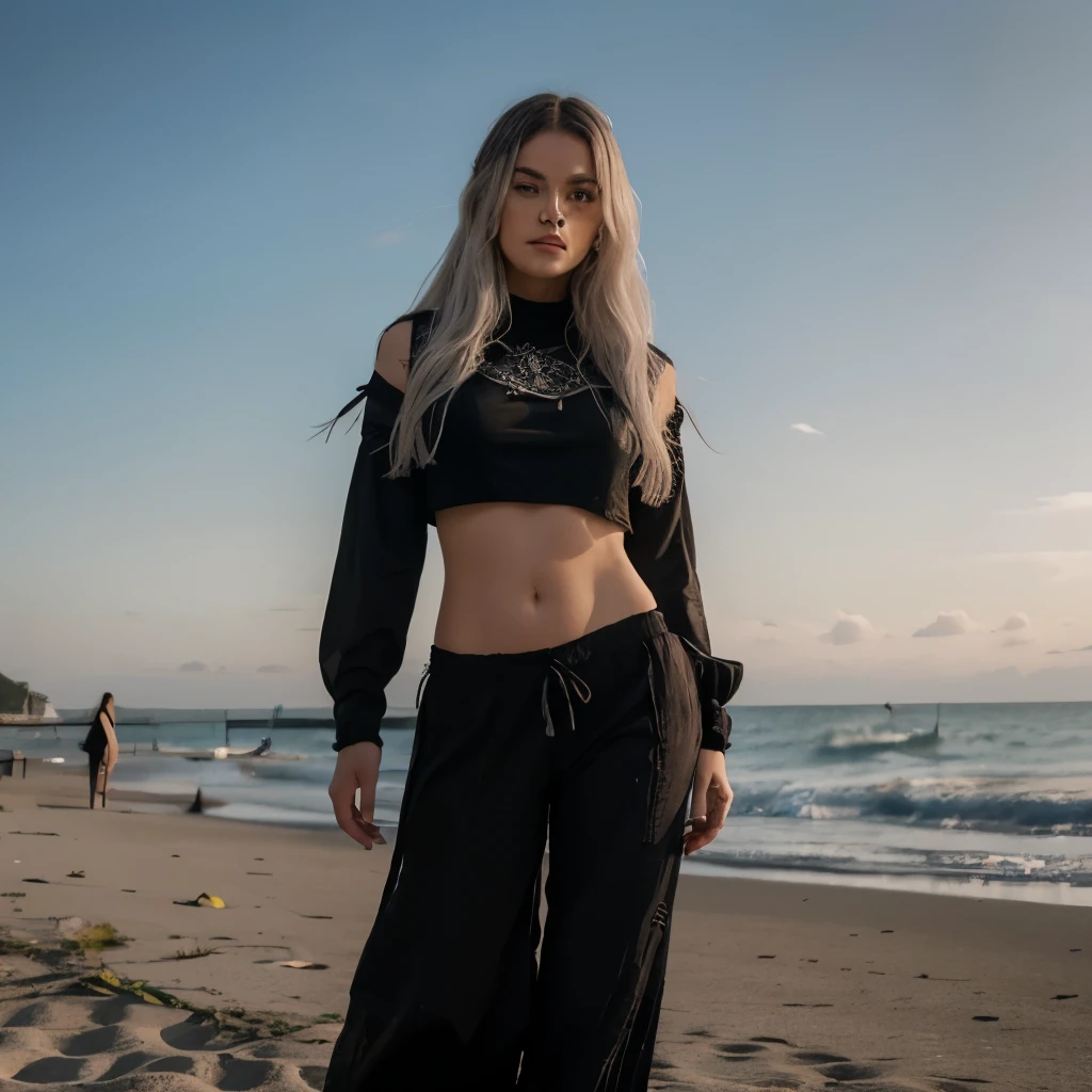 Meisterwerk, best quality, ultradetailliert, Illustration,, hanekawakurzhaar, 1girl, Full body, , Schwarze Augen, mehrfarbiges Haar, schwarzes Haar, white hair,, crop top, hippie pants,, detaillierter Hintergrund, mksts-Stil, Strand, Sonnenuntergang, barefoot 
