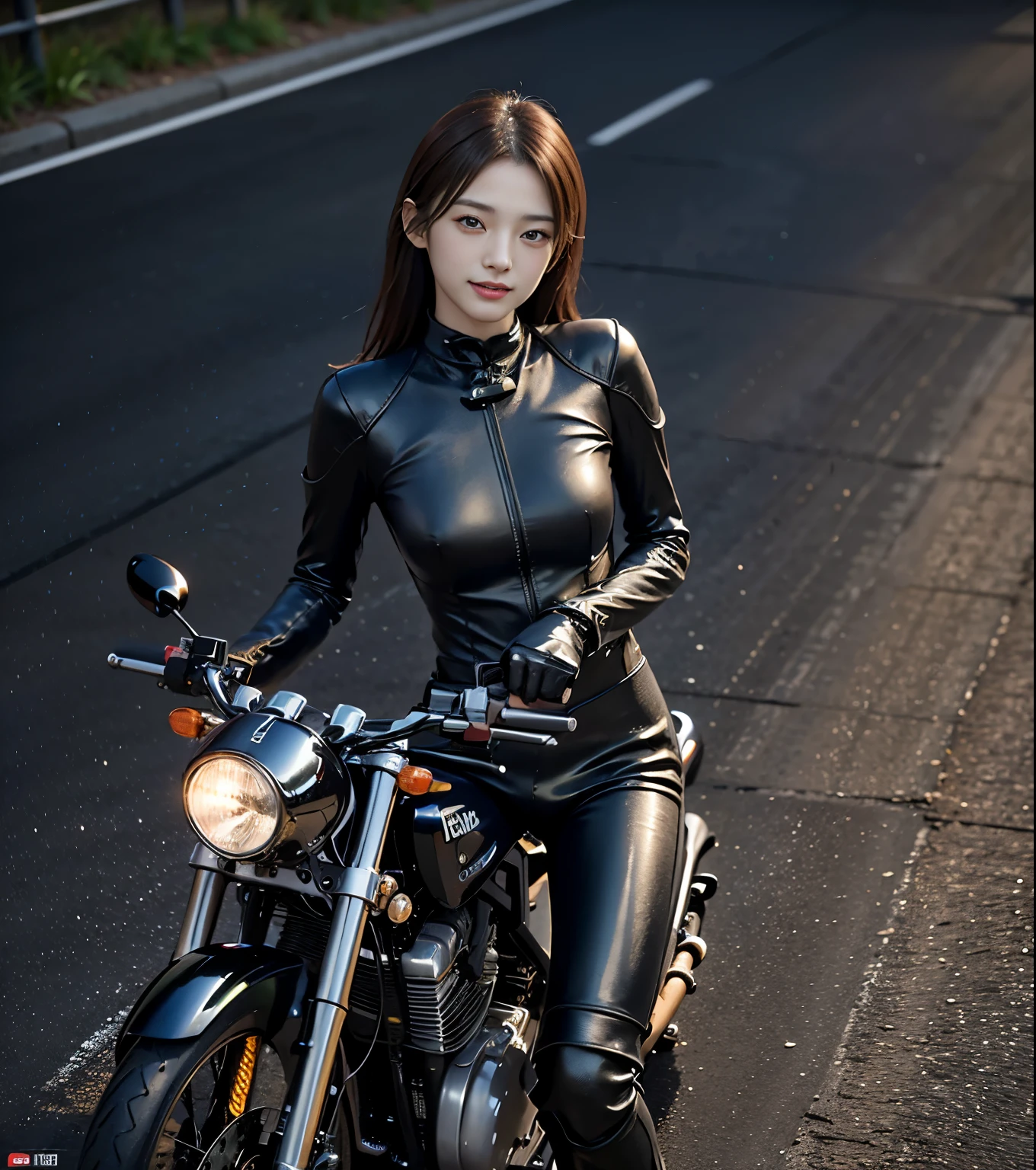 ((highest quality)), ((masterpiece)), ((perfect face))、（Detailed Motorcycle）、Detailed and clear photos、((riding a motorcycle))、Full body shot of slender body、((Motorcycle riding suit and leather pants))、smile