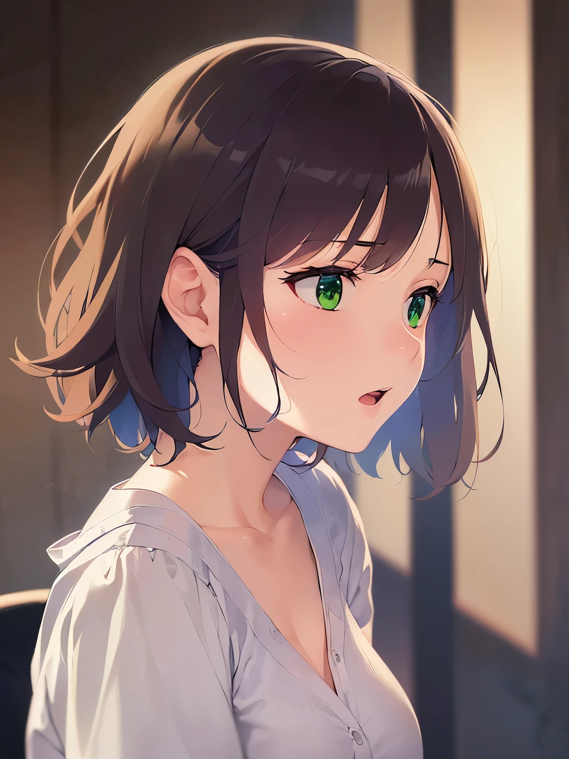 (looking away:1.5), side angle, medium shot, Realistic, real person, RAW photo, photorealistic, portrait photography, shiny skin, japanese idol、(前髪がある20歳の女性), (green eyes:1.5) and (brown hair) and (bob cut) and (wavy hair), (White Short sleeved blouse:1.3)、(scared:1.5), open mouth, 一人きり、立っている、背景は外