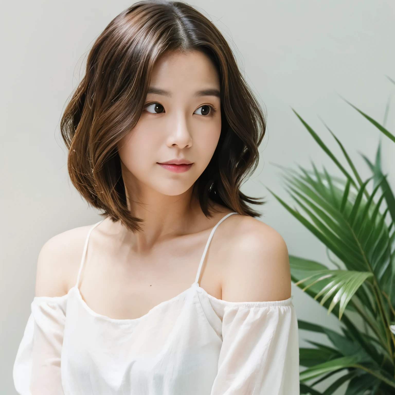 Shoulder-length hair with loose waves　white shirt