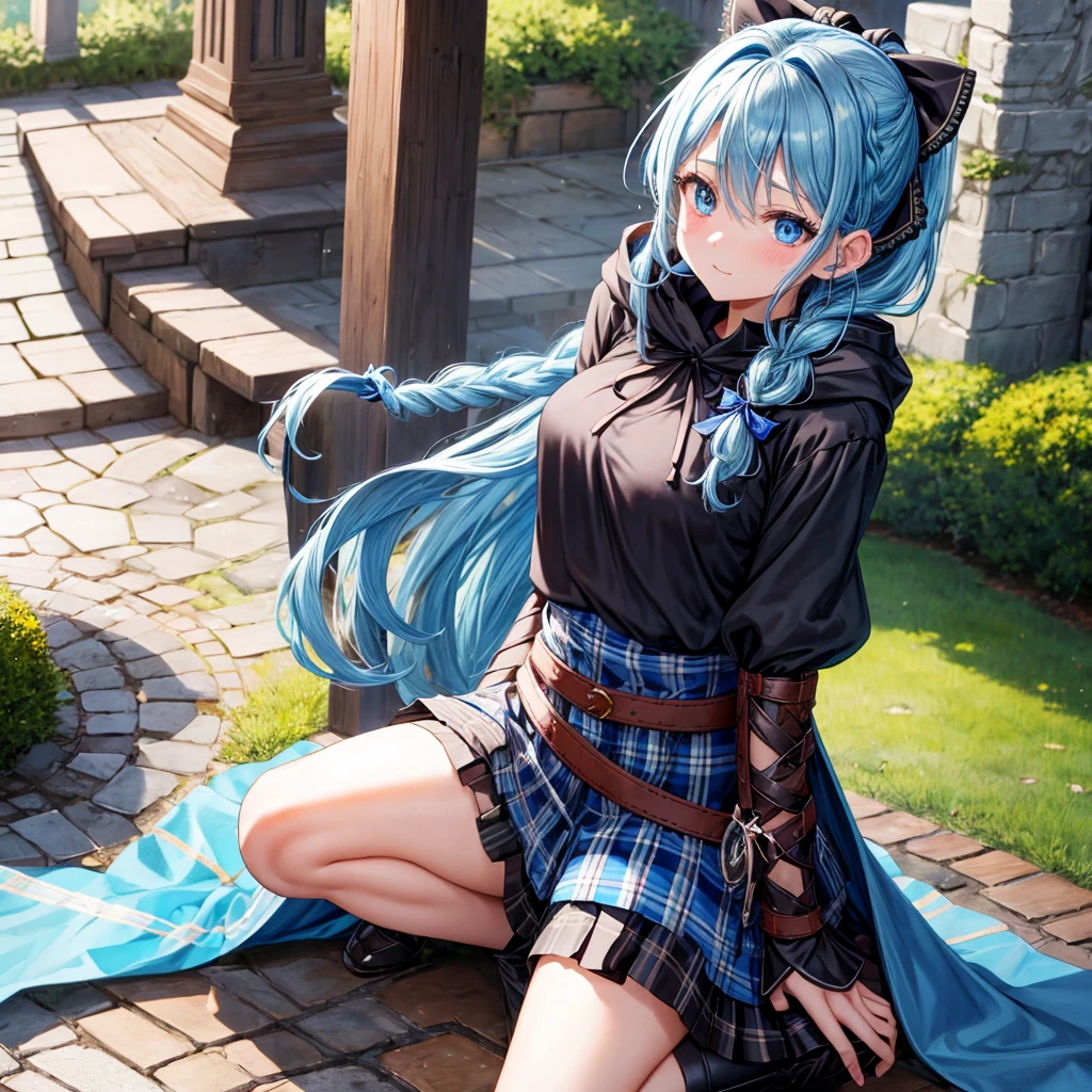 patina hair、blue eyes、Braid、ponytail、one good looking girl、solo、anime、Plaid miniskirt、camisole、black t-shirt、Tilting your face、Doing the ribbon、Ribbon at waist、cloak、the ground is cracked、Crystal Grotto、wearing a hood、look back、Baibai、sitting