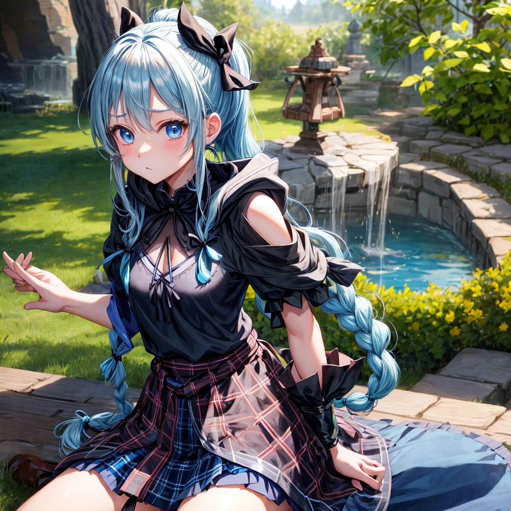 patina hair、blue eyes、Braid、ponytail、one good looking girl、solo、anime、Plaid miniskirt、camisole、black t-shirt、Tilting your face、Doing the ribbon、Ribbon at waist、cloak、the ground is cracked、Crystal Grotto、wearing a hood、look back、Baibai、sitting