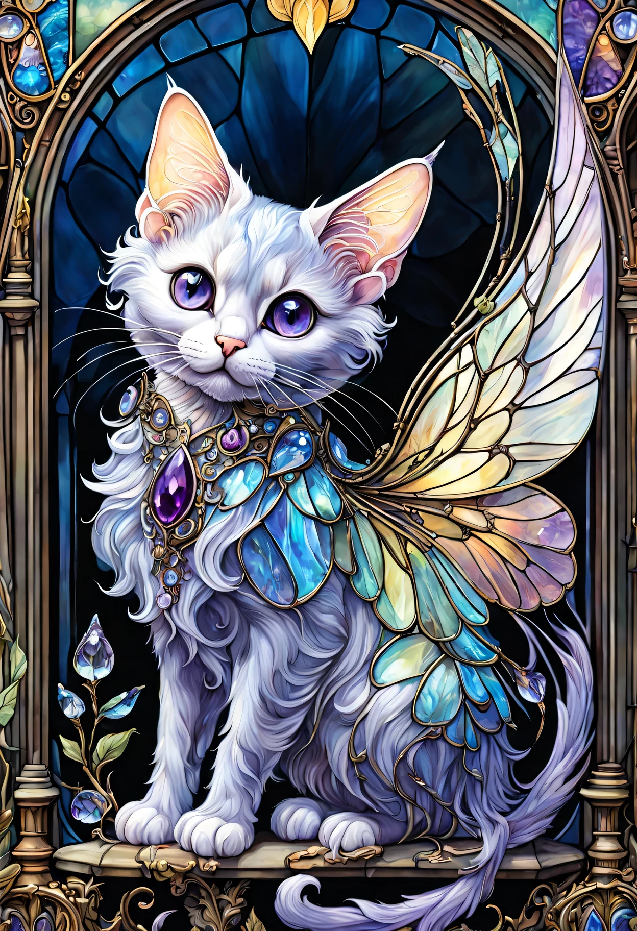 ternary colors, cinematic, official art, fairy tale transparent glass winged cat close up, iScreen, baroque, craola, Highly detailed stained glass wings, Amethyst Crystal, Labradorite iridescent crystals, Andy Kehoe, John Blanche, Complex and highly detailed background, Detailed illustrations for children's books, fantasy, filigree, filigree detailed, Complex, cute