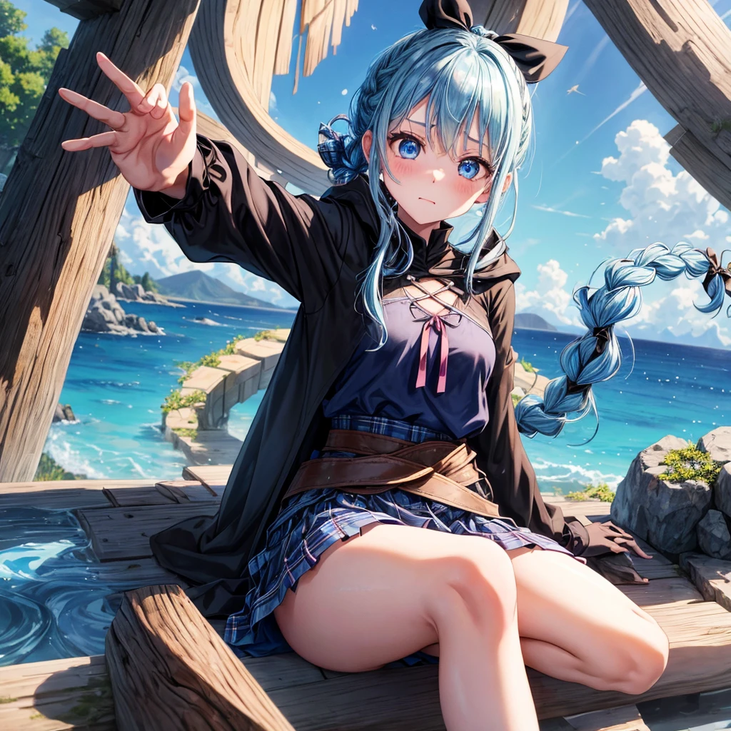 patina hair、blue eyes、Braid、ponytail、one good looking girl、solo、anime、Plaid miniskirt、camisole、black t-shirt、Tilting your face、Doing the ribbon、Ribbon at waist、cloak、the ground is cracked、Crystal Grotto、wearing a hood、look back、Baibai、sitting
