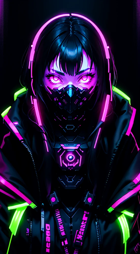 girl in a hoodie with a neon mask, Phantom Neon, Neon & Dark, profile picture 1024px, background image, Dark art style, neon cyberpunk, evil smile and glowing eyes, synthwave art, Neon Black, Cyberpunk art style, Scary style, bright glow of cyberpunk, Neon Digital Art, 4K wallpaper, 4K wallpaper, (erotica: 1,4)