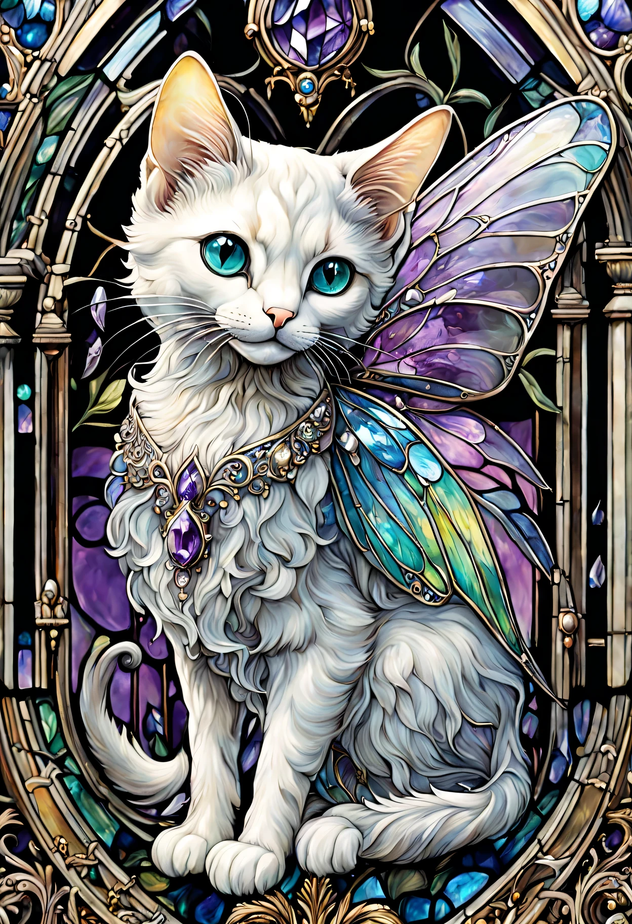 ternary colors, cinematic, official art, fairy tale transparent glass winged cat close up, iScreen, baroque, craola, Highly detailed stained glass wings, Amethyst Crystal, Labradorite iridescent crystals, Andy Kehoe, John Blanche, Complex and highly detailed background, Detailed illustrations for children's books, fantasy, filigree, filigree detailed, Complex, cute