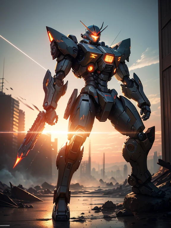 ultra-detailed,realistic,mecha warrior,metallic armor,shiny surfaces,glowing eyes,sharp edges,high-tech weaponry,battlefield,explosions,dynamic action,sci-fi concept art,post-apocalyptic setting,ruined cityscape,dark and moody lighting,vivid colors,mechanical joints and hydraulics,mecha's pilot inside the cockpit,cool poses and stances,mecha's silhouette against the sunset,epic showdown with another mecha,powering up with energy beams,strong and powerful presence,destructive and powerful abilities,city in ruins,heavy artillery,advanced technology,enhanced mechanical enhancements,futuristic gadgets,giant robotic proportions,mecha's insignia on its chest,emblem of honor and courage,worn out and battle-scarred design,high-level mechanical details,massive mecha gears,mechatronic systems,sensory sensors,intense and dynamic movements