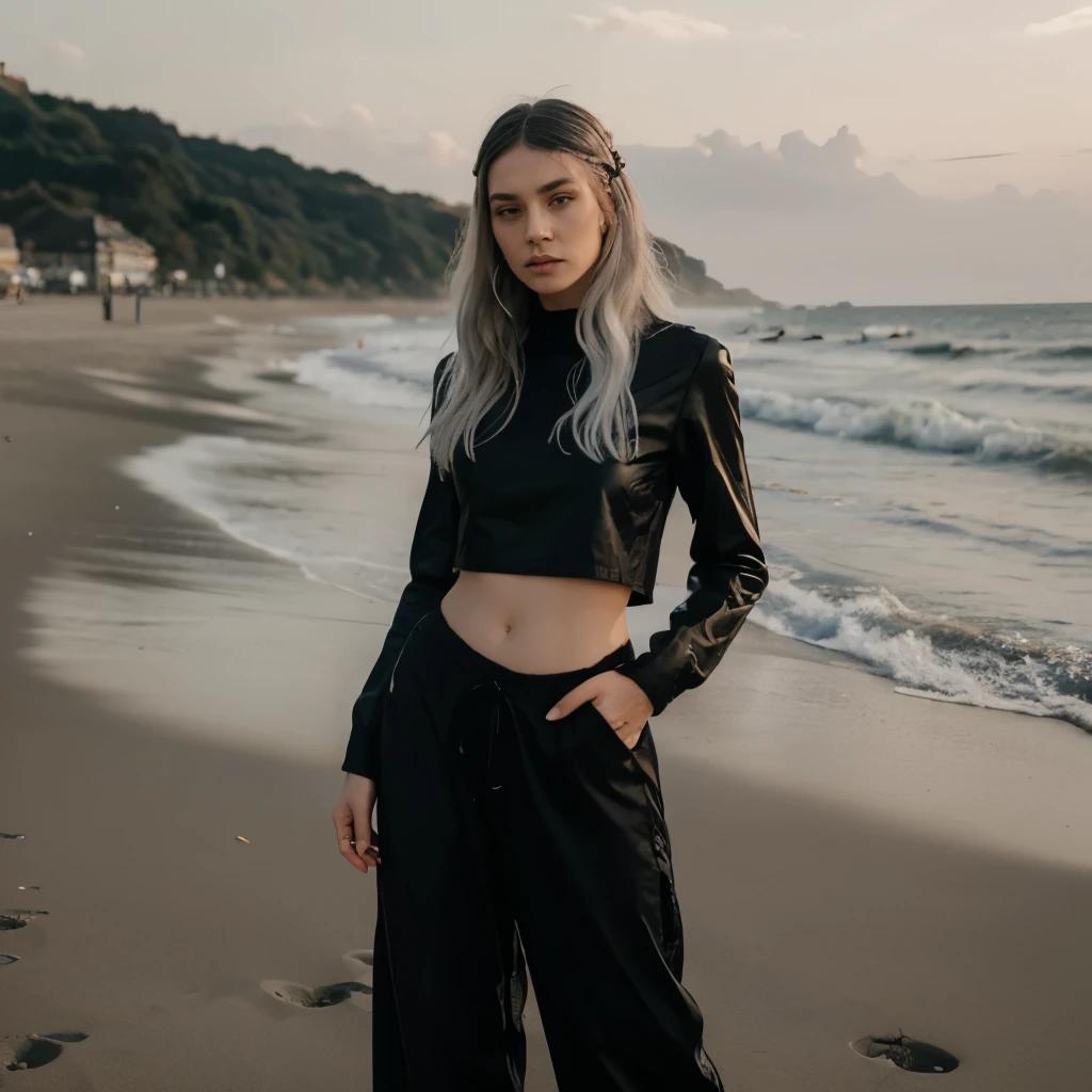 Meisterwerk, best quality, ultradetailliert, Illustration,, hanekawakurzhaar, 1girl, Full body, , Schwarze Augen, mehrfarbiges Haar, schwarzes Haar, white hair,, crop top, hippie pants,, detaillierter Hintergrund, mksts-Stil, Strand, Sonnenuntergang, barefoot, piercing