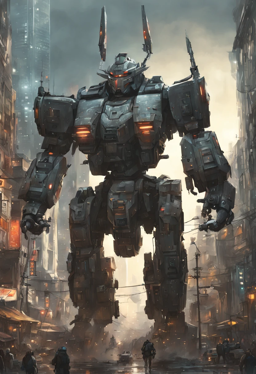 Mecha Warrior, Giant mecha robot rabbit towering the city!! :: concept art, 16k resolution digital art by Klaus Wittmann, Alejandro Burdisio, Ismail Inceoglu, Jeremy Mann, Ilya Kuvshinov, highly detailed, hyperrealistic, volumetric lighting, Muted colors, striking, beautifully lit, smooth sharp focus, trending on Artstation