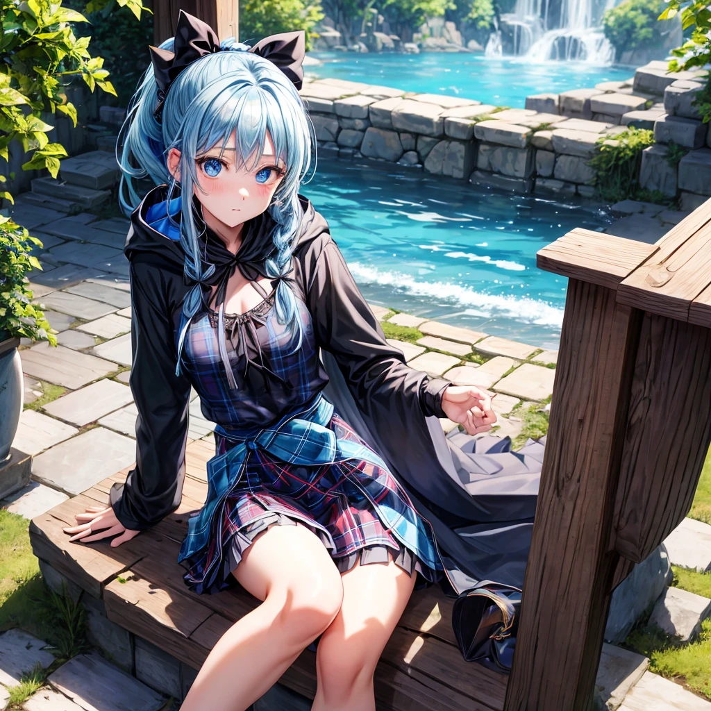 patina hair、blue eyes、Braid、ponytail、one good looking girl、solo、anime、Plaid miniskirt、camisole、black t-shirt、Tilting your face、Doing the ribbon、Ribbon at waist、cloak、the ground is cracked、Crystal Grotto、wearing a hood、look back、Baibai、sitting