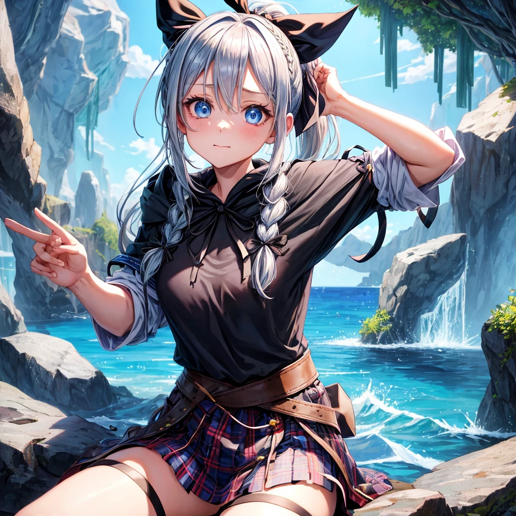 patina hair、blue eyes、Braid、ponytail、one good looking girl、solo、anime、Plaid miniskirt、camisole、black t-shirt、Tilting your face、Doing the ribbon、Ribbon at waist、cloak、the ground is cracked、Crystal Grotto、wearing a hood、look back、Baibai、sitting