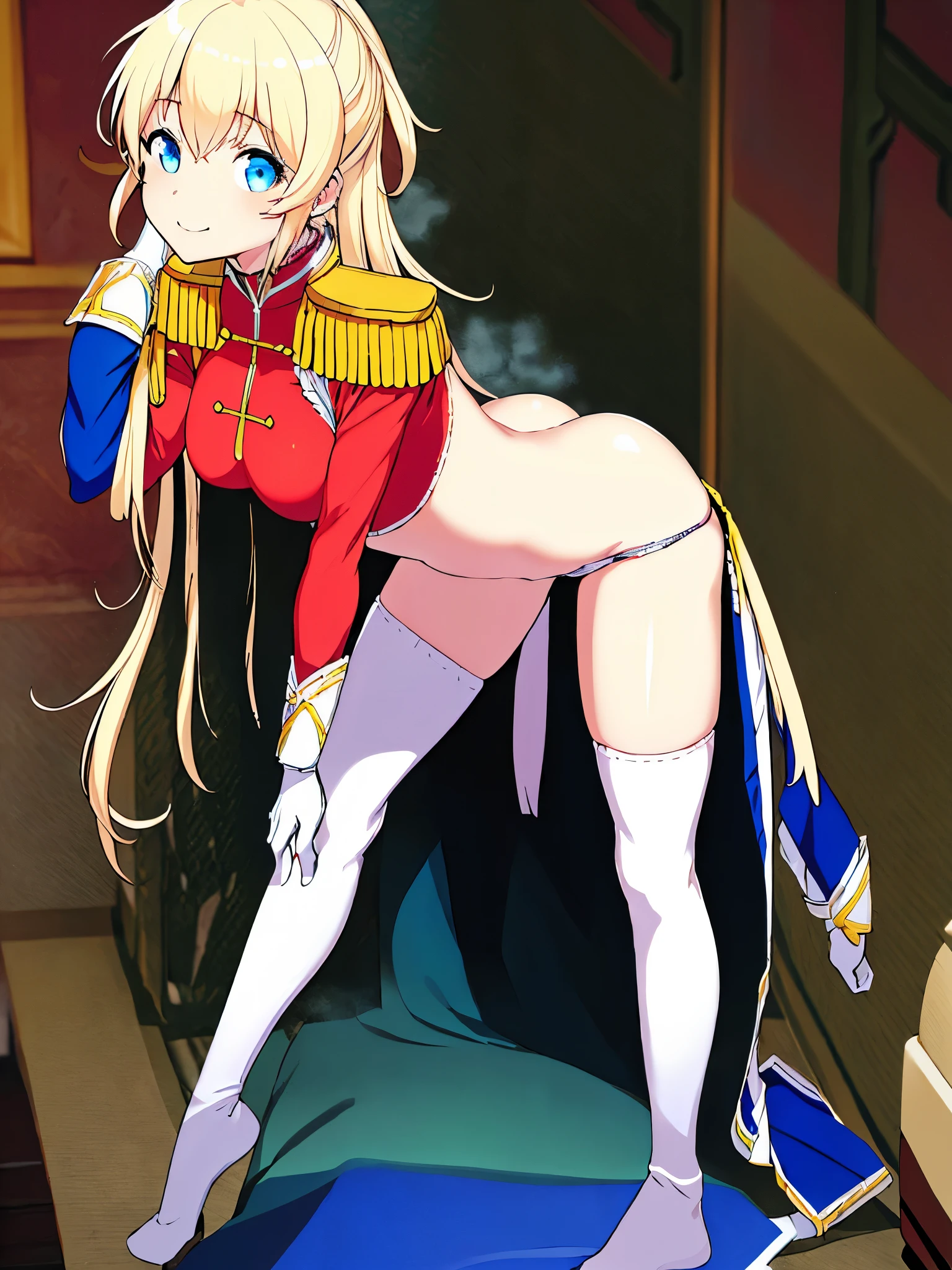 Yuinshiel Asteria, blonde long hair,(Epaulette blue long coat, red shirts, white skirts), blue eyes, white gloves, white thighhigh,
(masterpiece:1.4), (high_resolution:1.4), ((realistic, photo-realistic:1.2), (high detailed skin:1.4), (light smile:0.9), (open mouth:0.5), (closed eyes:0.5), (wide hips:1.2), (masterpiece, best quality, ultra-detailed, intricate details_1.2), (absurdres), detailed background,
(((breath))),
1igrl, (((thin waist))), finely detailed, hyper realistic, (((Ray Tracing))), dramatic, (((bright beautiful detailed eyes))),
(((best quality, masterpiece, 8k,4k, Ultra Quality))), light rays, colorful, beautiful, vibrant colors, sharp focus, realism, smile, sleepy, happy, joy, (((extremely absurdres))), indoor, assup, bending down, pantie pull,