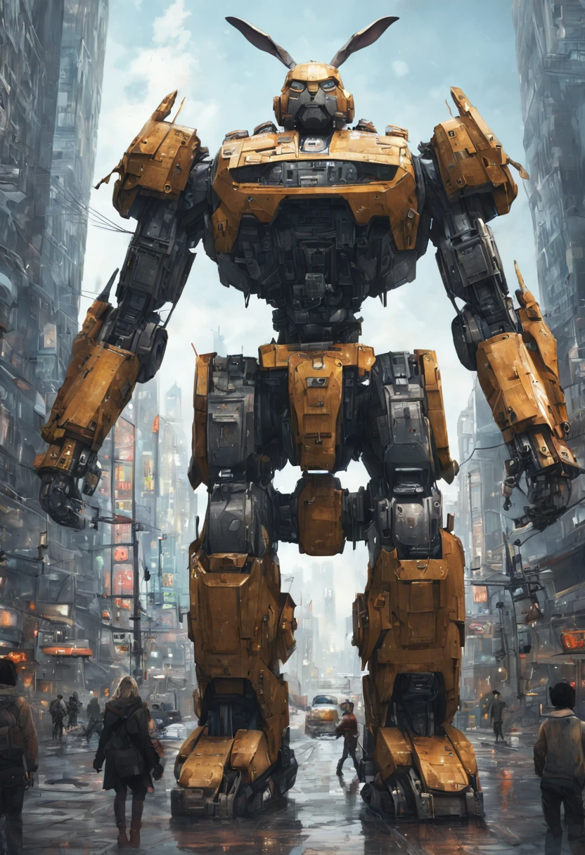Mecha Warrior, Giant mecha robot rabbit towering the city!! :: concept art, 16k resolution digital art by Klaus Wittmann, Alejandro Burdisio, Ismail Inceoglu, Jeremy Mann, Ilya Kuvshinov, highly detailed, hyperrealistic, volumetric lighting, Muted colors, striking, beautifully lit, smooth sharp focus, trending on Artstation