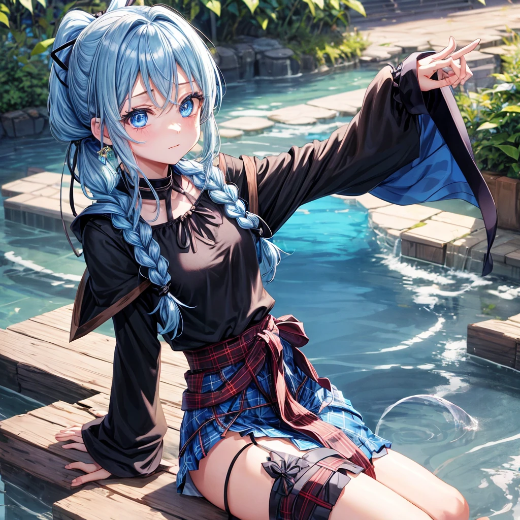 patina hair、blue eyes、Braid、ponytail、one good looking girl、solo、anime、Plaid miniskirt、camisole、black t-shirt、Tilting your face、Doing the ribbon、Ribbon at waist、cloak、the ground is cracked、Crystal Grotto、wearing a hood、look back、Baibai、sitting