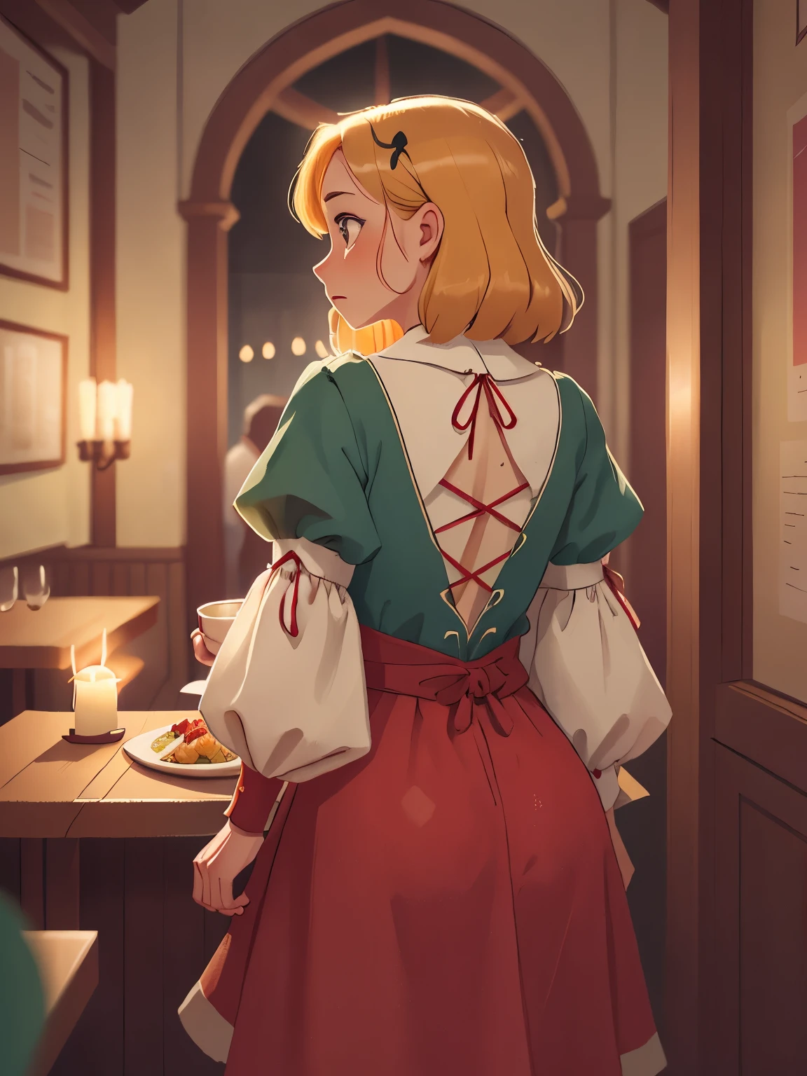 ,Medieval Europe, medieval clothing, ancient times,(The back of a mother leaving the restaurantcandlelight:1.5),((blonde hair)), watercolor, medieval style,