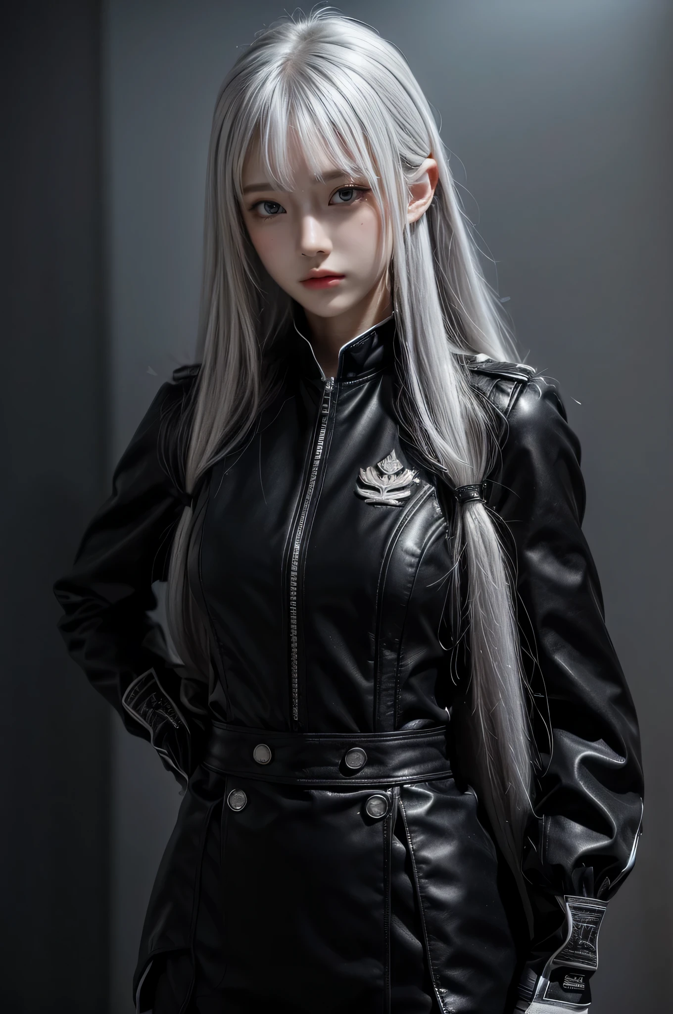 shiny hair,4 fingers,{{{{{White eyes}}}}},{{{{{White eyes}}}}},{long hair},{{straight hair}},gloves,black clothes,black military suit,{military},{{{{{dull bangs}}}}},Hard hair,(slanted eyes},{{whole body},{{{1 girl}}}, {{{{silver hair}}}},{{{Tsurime}}},36 years old,white people,Silvery eyes,thin,{{{masterpiece}}}, {{{highest quality}}}, {{super detailed}}, {figure}, {{very delicate and beautiful}},very detailed,Detailed Perfection,detailed hyper,military用または海militaryの制服