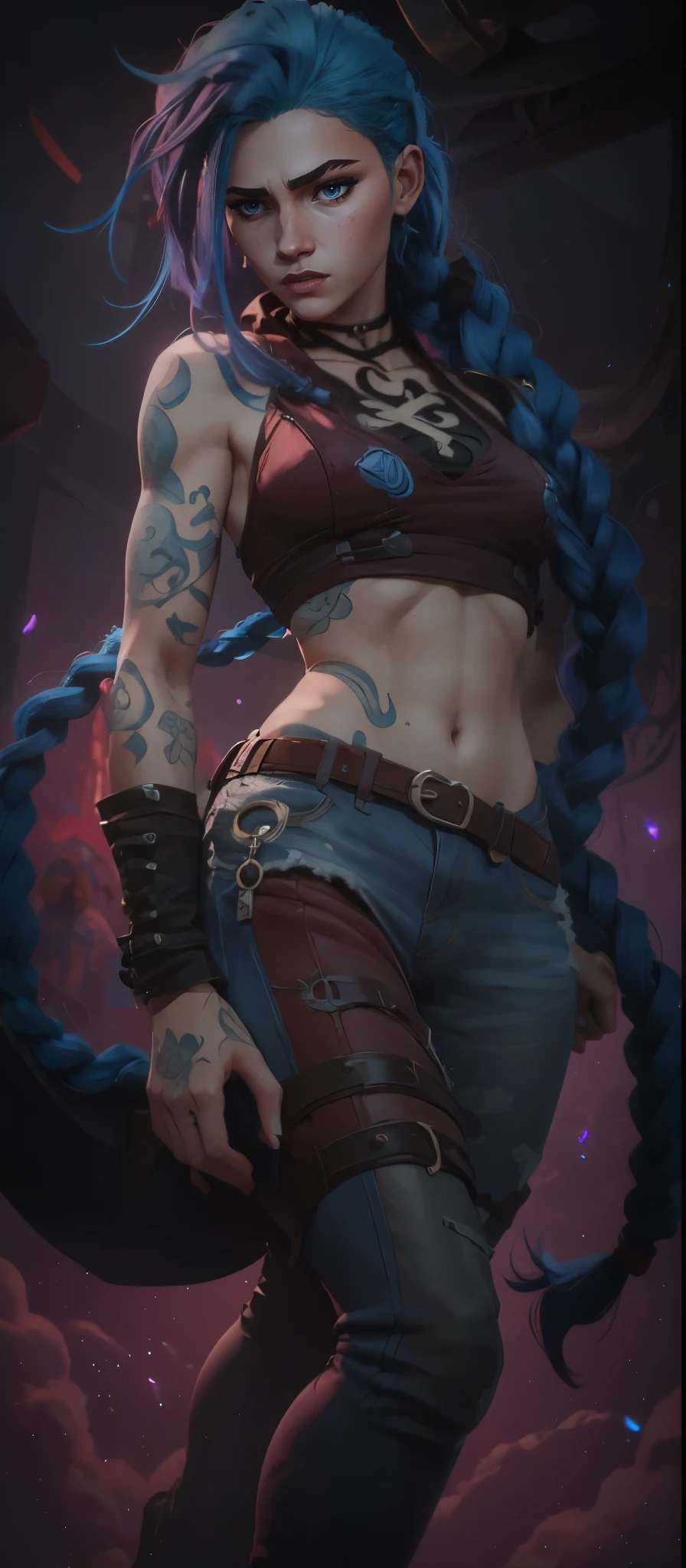 estilo arcano, 1girl, cloud tattoo on the arm, asymmetrical bangs, franja, cabelo azul, blue braids, camisa marrom, tatuagem de nuvem, lateralmente, cabelo azul, cabelo longo, olhos cor de rosa, red-lips, standingn , tatuagem de nuvem, twin braids. azarar de arcano. azarar. azarar, arcano(Liga das Lendas\)