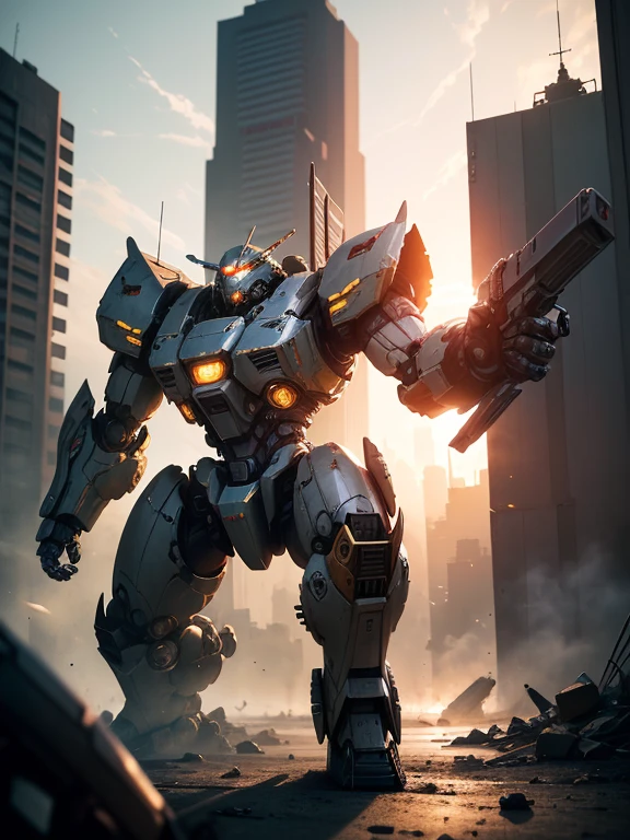 ultra-detailed,realistic,mecha warrior,metallic armor,shiny surfaces,glowing eyes,sharp edges,high-tech weaponry,battlefield,explosions,dynamic action,sci-fi concept art,post-apocalyptic setting,ruined cityscape,dark and moody lighting,vivid colors,mechanical joints and hydraulics,mecha's pilot inside the cockpit,cool poses and stances,mecha's silhouette against the sunset,epic showdown with another mecha,powering up with energy beams,strong and powerful presence,destructive and powerful abilities,city in ruins,heavy artillery,advanced technology,enhanced mechanical enhancements,futuristic gadgets,giant robotic proportions,mecha's insignia on its chest,emblem of honor and courage,worn out and battle-scarred design,high-level mechanical details,massive mecha gears,mechatronic systems,sensory sensors,intense and dynamic movements