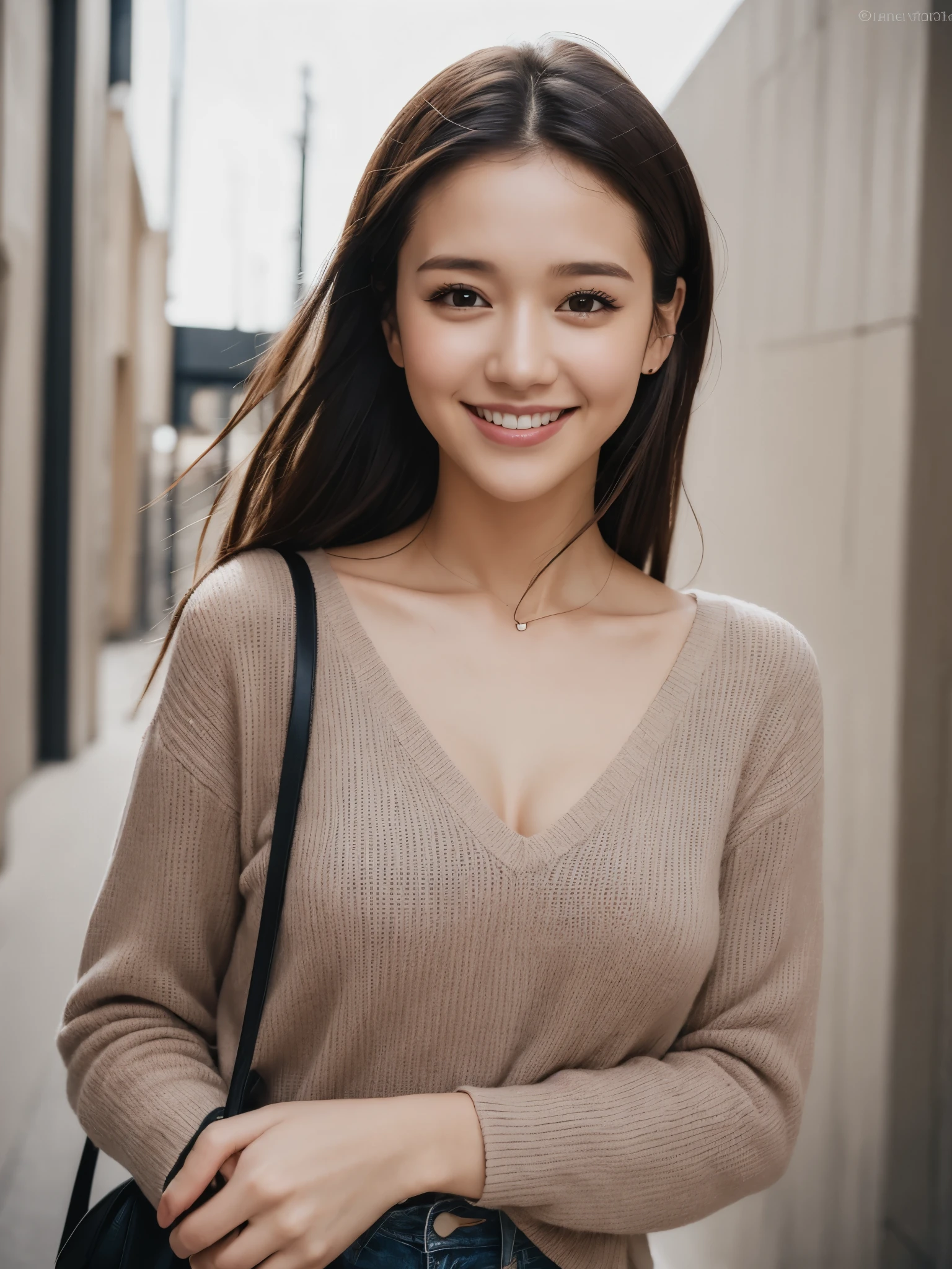 (Raw photo,masterpiece,best quality),8K,1 Beautiful Japanese Women,solo,looks like 20years old Jessica Alba,Charming Smile and big eyes,Drooping Eyes:1.4,Pretty Medium breasts,Long black hair, V-neck sweater, Denim Short Pants,Random Charming poses,street,daylight