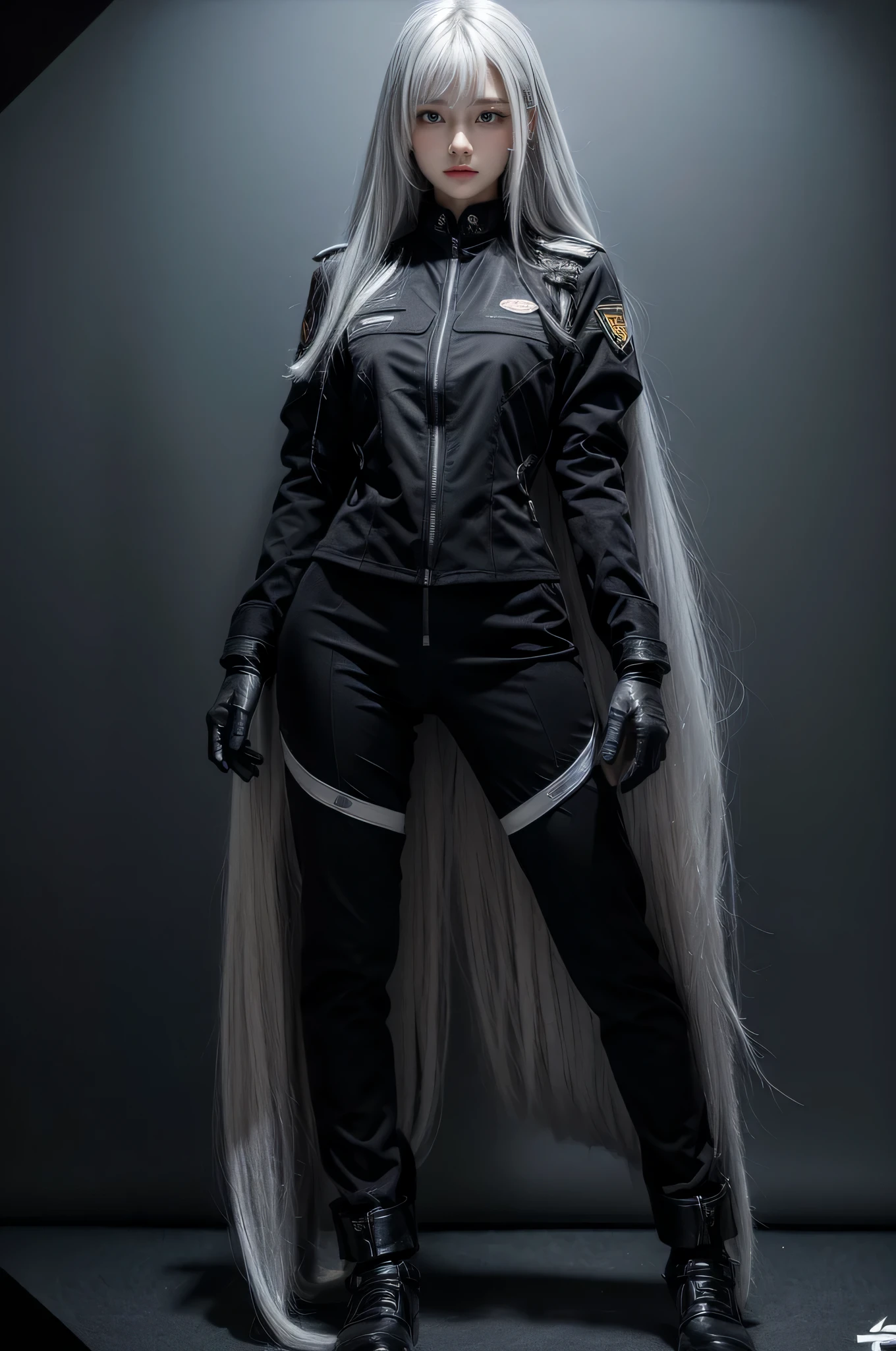 shiny hair,4 fingers,{{{{{White eyes}}}}},{{{{{White eyes}}}}},{long hair},{{straight hair}},gloves,black clothes,black military suit,{military},{{{{{dull bangs}}}}},Hard hair,(slanted eyes},{{whole body},{{{1 girl}}}, {{{{silver hair}}}},{{{Tsurime}}},36 years old,white people,Silvery eyes,thin,{{{masterpiece}}}, {{{highest quality}}}, {{super detailed}}, {figure}, {{very delicate and beautiful}},very detailed,Detailed Perfection,detailed hyper,military用または海militaryの制服