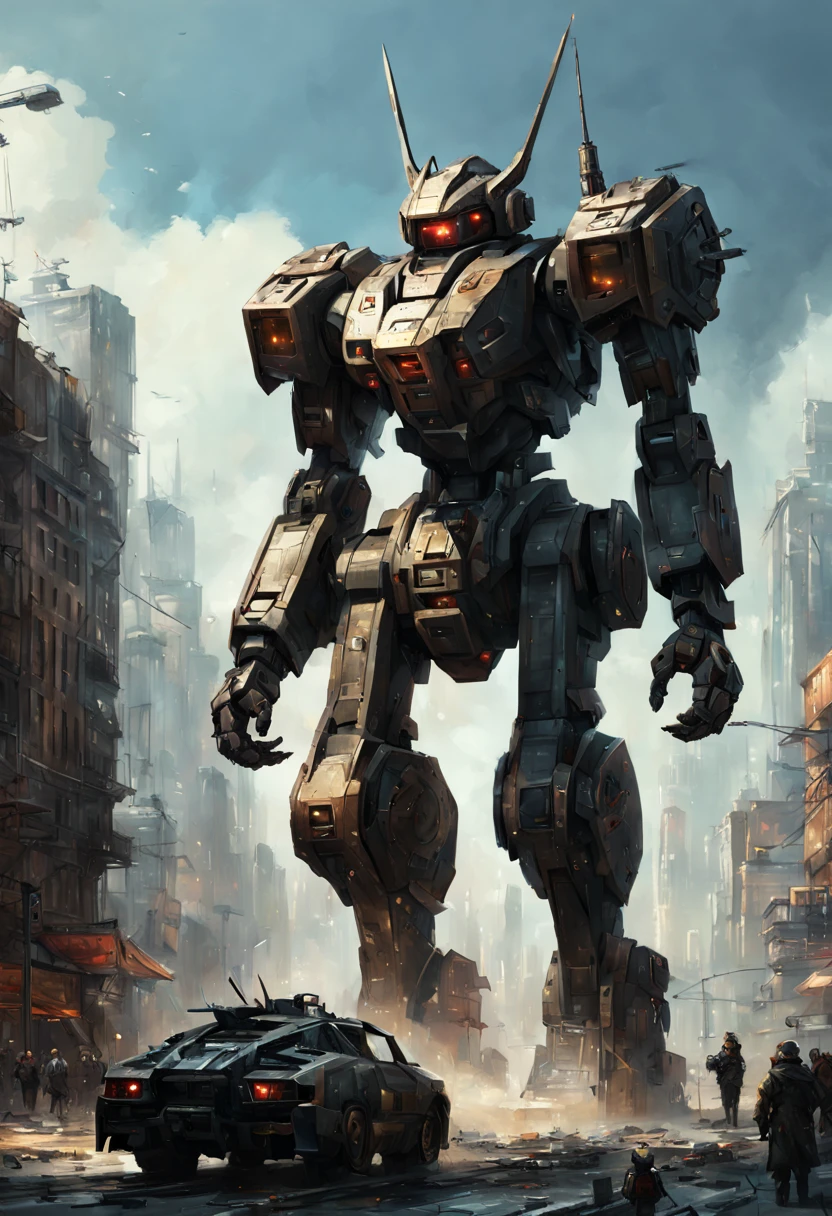 Mecha Warrior, Giant mecha robot rabbit towering the city!! :: concept art, 16k resolution digital art by Klaus Wittmann, Alejandro Burdisio, Ismail Inceoglu, Jeremy Mann, Ilya Kuvshinov, highly detailed, hyperrealistic, volumetric lighting, Muted colors, striking, beautifully lit, smooth sharp focus, trending on Artstation