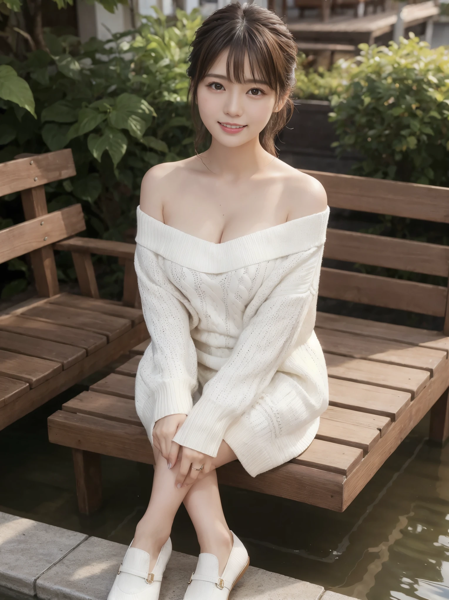 (masterpiece:1.3), High resolution, Super detailed, Highly detailed CG Unity 8K wallpaper, realistic, photo-realistic, RAW photo, (beautiful detailed face), white skin,big breasts、 realistic skin, fine cloth texture, detailed hair texture, perfect body, beautiful face, Accurate, anatomically correct, Highly detailed face and skin texture, natural neck length, (beautiful hands), (Fair skin:1.2), thin legs, thin legs, sexy thighs,
break,
(beautiful and detailed eyes), symmetrical eyes, brown eyes, double eyelid, thin eyebrows, (glossy lips:1.4), (cute smile:1.2),
break,
(very cute girl:1.3), ((I am wearing a long white knit coat over a one-shoulder sweater.:1.3)), (Navy blue miniskirt:1.2), (barefoot),
middle~Large breasts, (firm chest, well-shaped chest, slender body shape:1.1),
(dark brown hair, wavy hair), ((medium hair:1.2)), ((Bangs swept to the side:1.2)),
break,
((Put your feet in the footbath and sit on the bench:1.3)),
((Japanese「Hakone」In the open-air foot bath of:1.2)), (cowboy shot:1.2), (Look at the viewer with their gaze:1.2), (From the side:1.1),