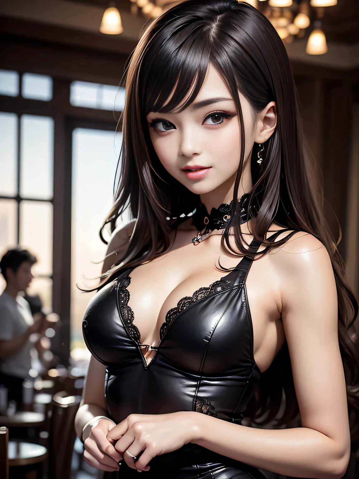 semi-nude、super small breasts、Wear a red garter belt、ultra high resolution、super high quality、8K、Detailed details、marvelous expression、1 female、tall slender woman、small breasts、Super Smile、long curly black hair、luxurious hair ornament、Upper body view、Luxury hotel party venue background、