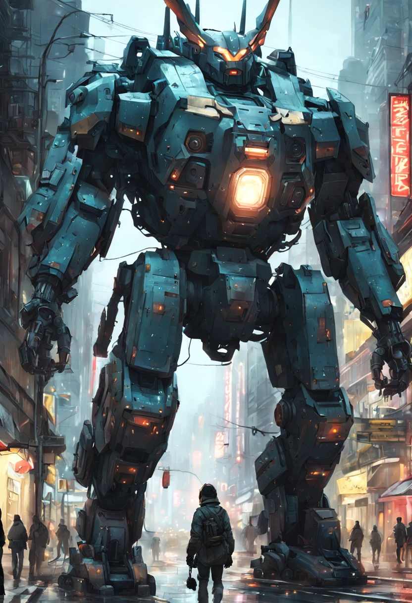 Mecha Warrior, Giant mecha robot rabbit towering the city!! :: concept art, 16k resolution digital art by Klaus Wittmann, Alejandro Burdisio, Ismail Inceoglu, Jeremy Mann, Ilya Kuvshinov, highly detailed, hyperrealistic, volumetric lighting, Muted colors, striking, beautifully lit, smooth sharp focus, trending on Artstation