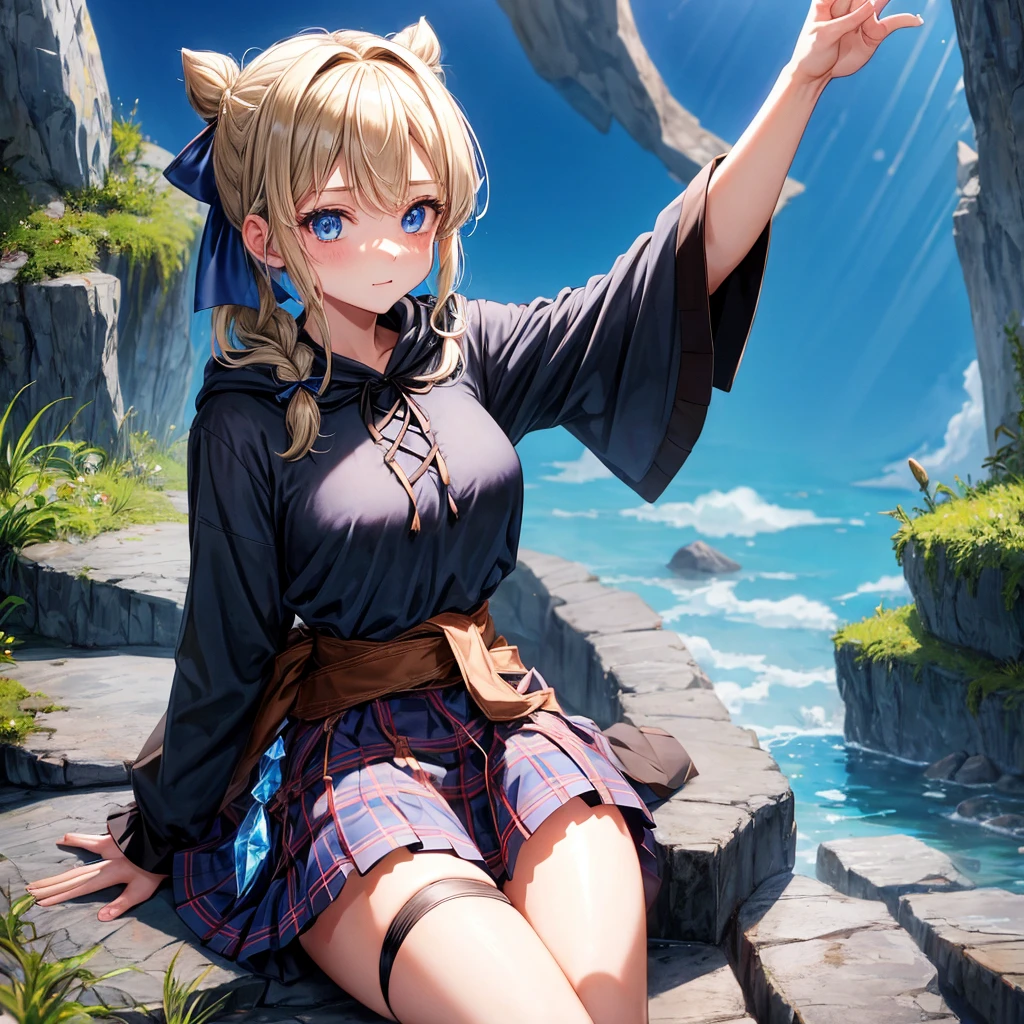 patina hair、blue eyes、Braid、ponytail、one good looking girl、solo、anime、Plaid miniskirt、camisole、black t-shirt、Tilting your face、Doing the ribbon、Ribbon at waist、cloak、the ground is cracked、Crystal Grotto、wearing a hood、look back、Baibai、sitting