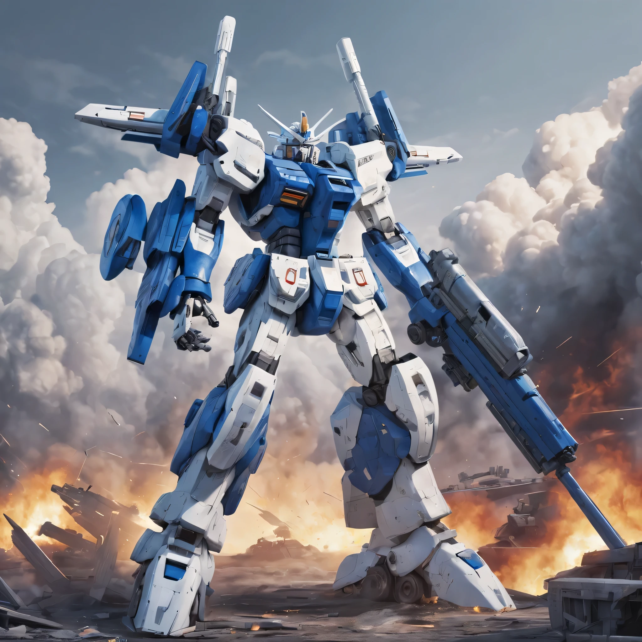 Blue and white，There is a gun in the hand, Anime large mecha, Cool mech style, Anime mecha, Mobile Suit, Gundam, Gear machinery, Gundam翼型装甲, armored core style mecha, Well-equipped mecha dragon, modern Anime mecha, Mecha style greek god, extremely, Gundam装甲（（best quality））， （（intricate details））， （（Surrealism））（8k）